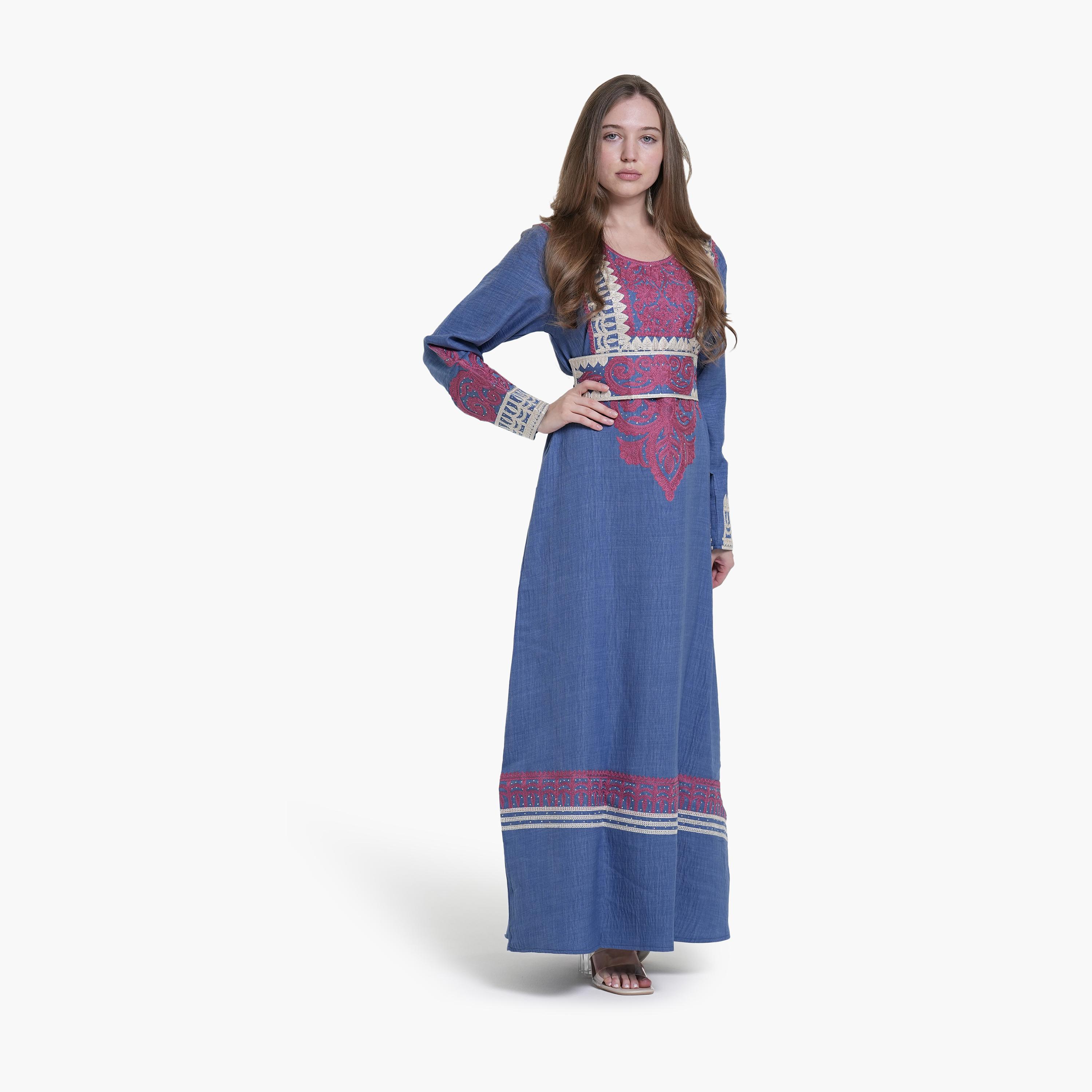 AL BENT AL SHARQIEH Embroidered Linen Women's Jalabiya-women-arabicclothing-jalabiyas-image-3
