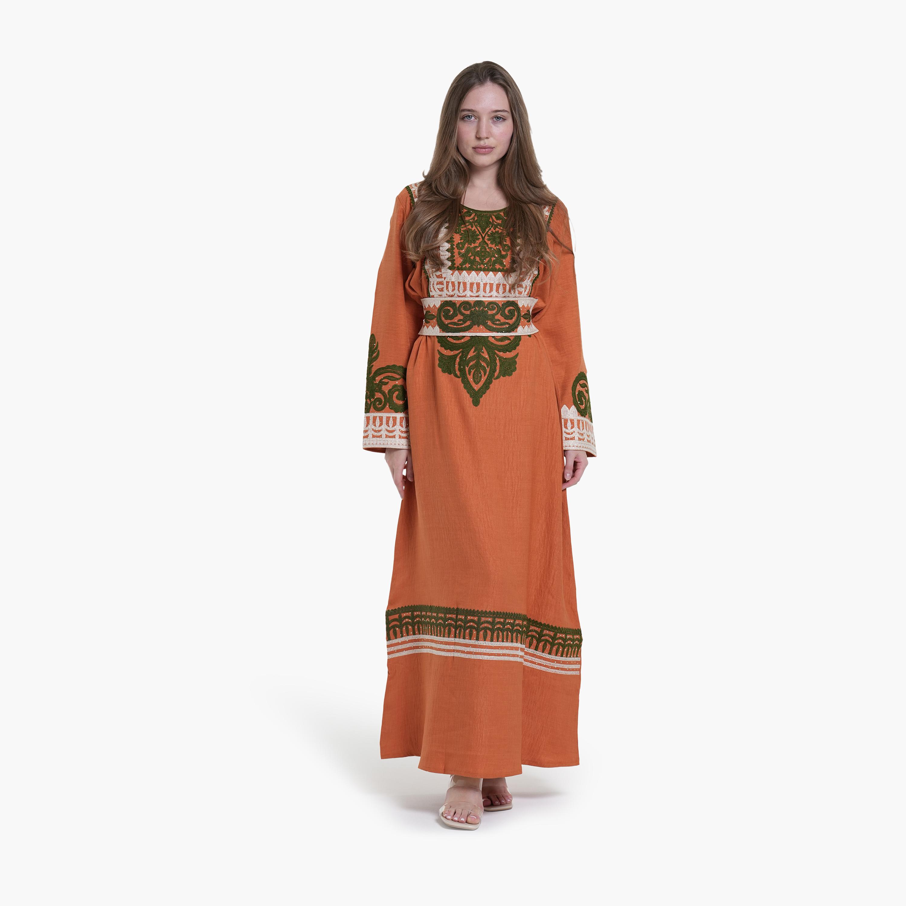 AL BENT AL SHARQIEH Embroidered Linen Women's Jalabiya-women-arabicclothing-jalabiyas-image-1