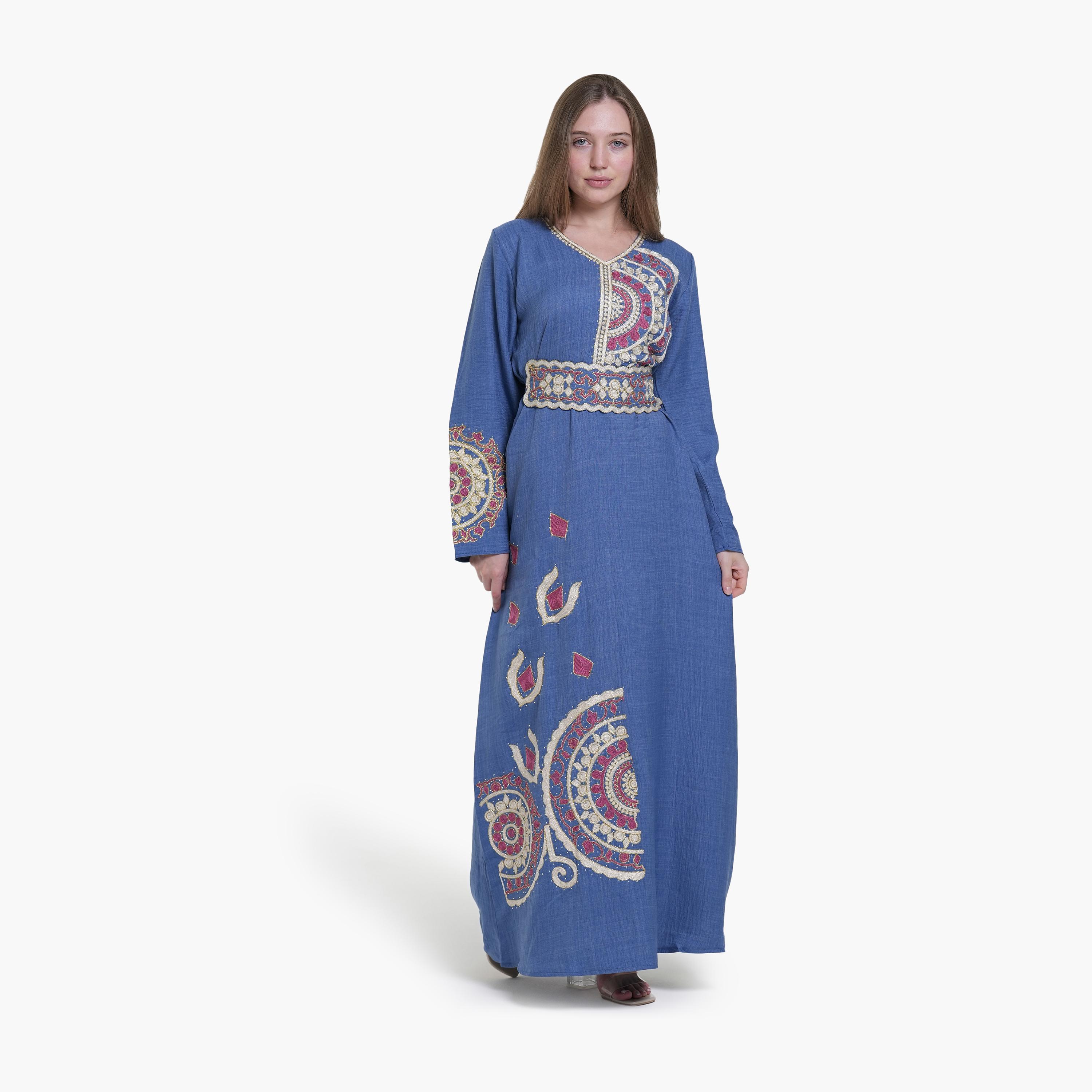 AL BENT AL SHARQIEH Embroidered Linen Women's Jalabiya-women-arabicclothing-jalabiyas-image-1
