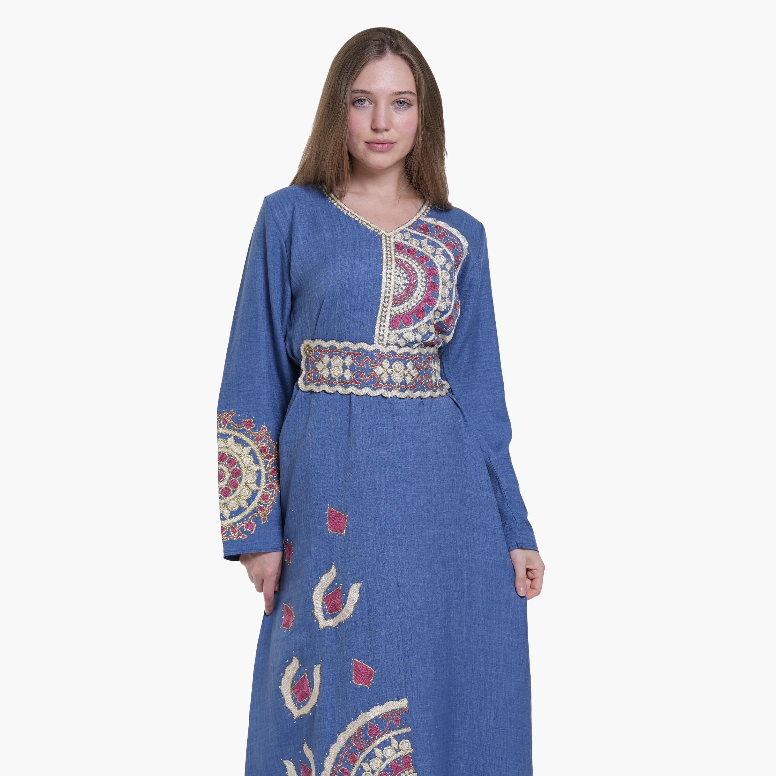 AL BENT AL SHARQIEH Embroidered Linen Women's Jalabiya-women-arabicclothing-jalabiyas-image-2