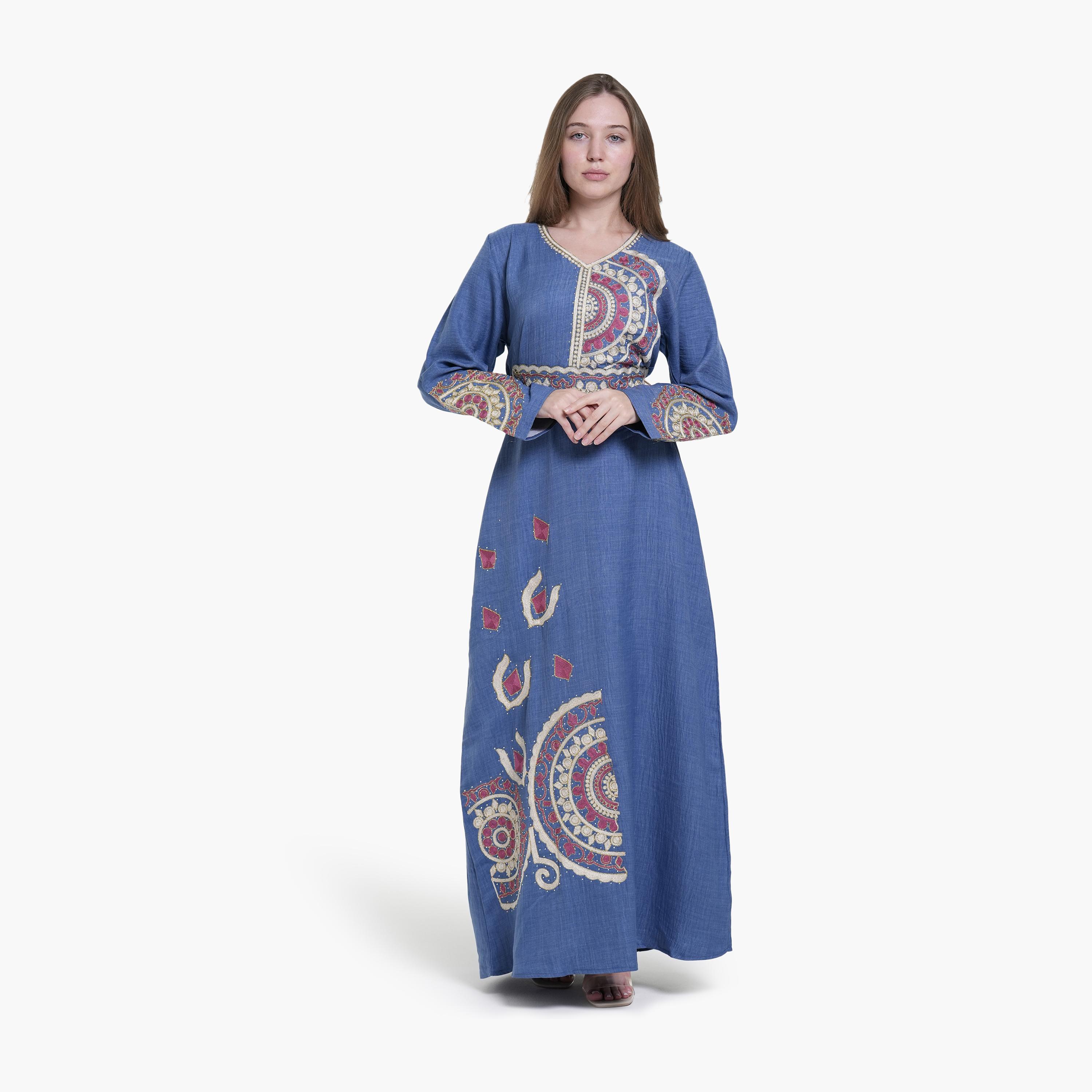 AL BENT AL SHARQIEH Embroidered Linen Women's Jalabiya-women-arabicclothing-jalabiyas-image-3
