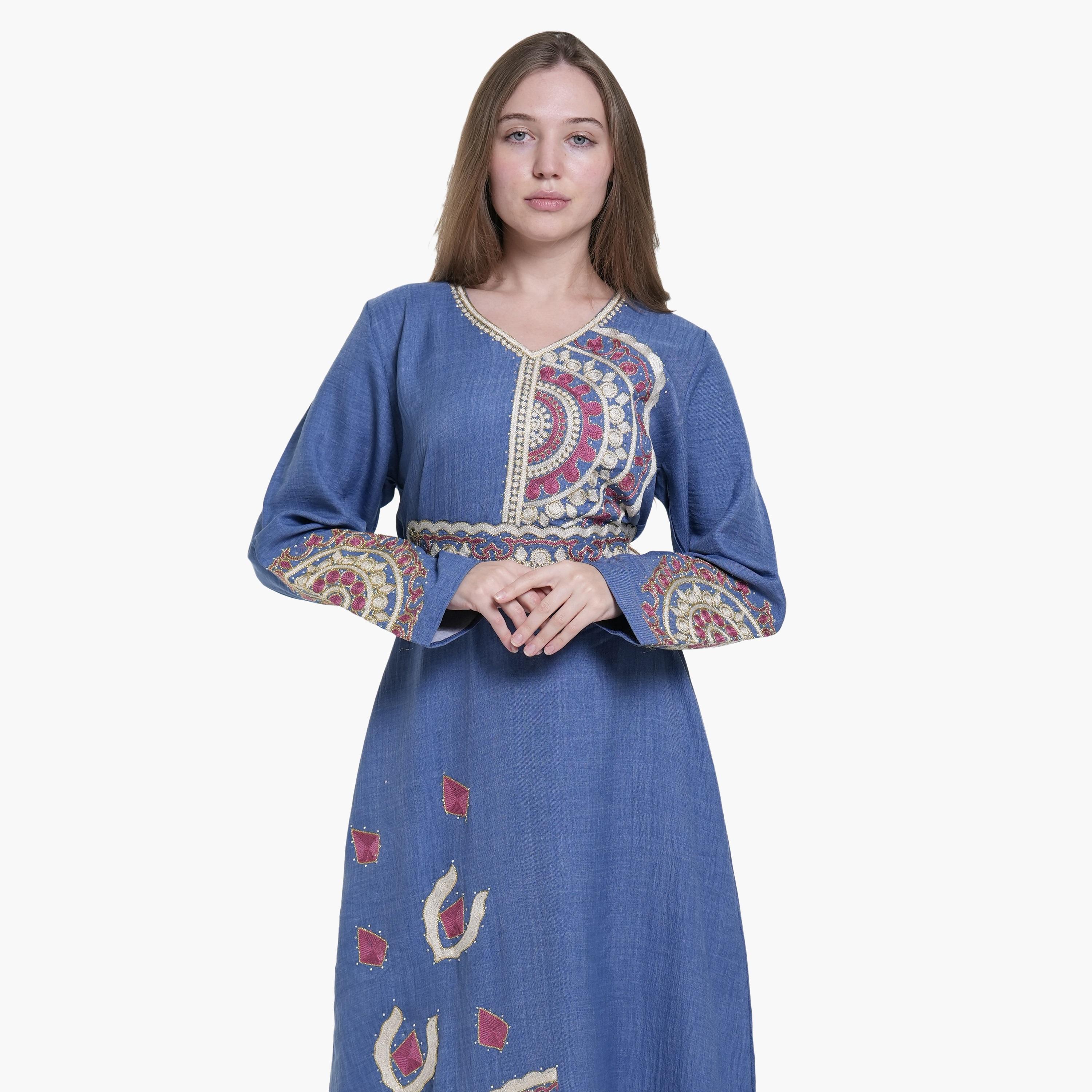 AL BENT AL SHARQIEH Embroidered Linen Women's Jalabiya-women-arabicclothing-jalabiyas-image-4