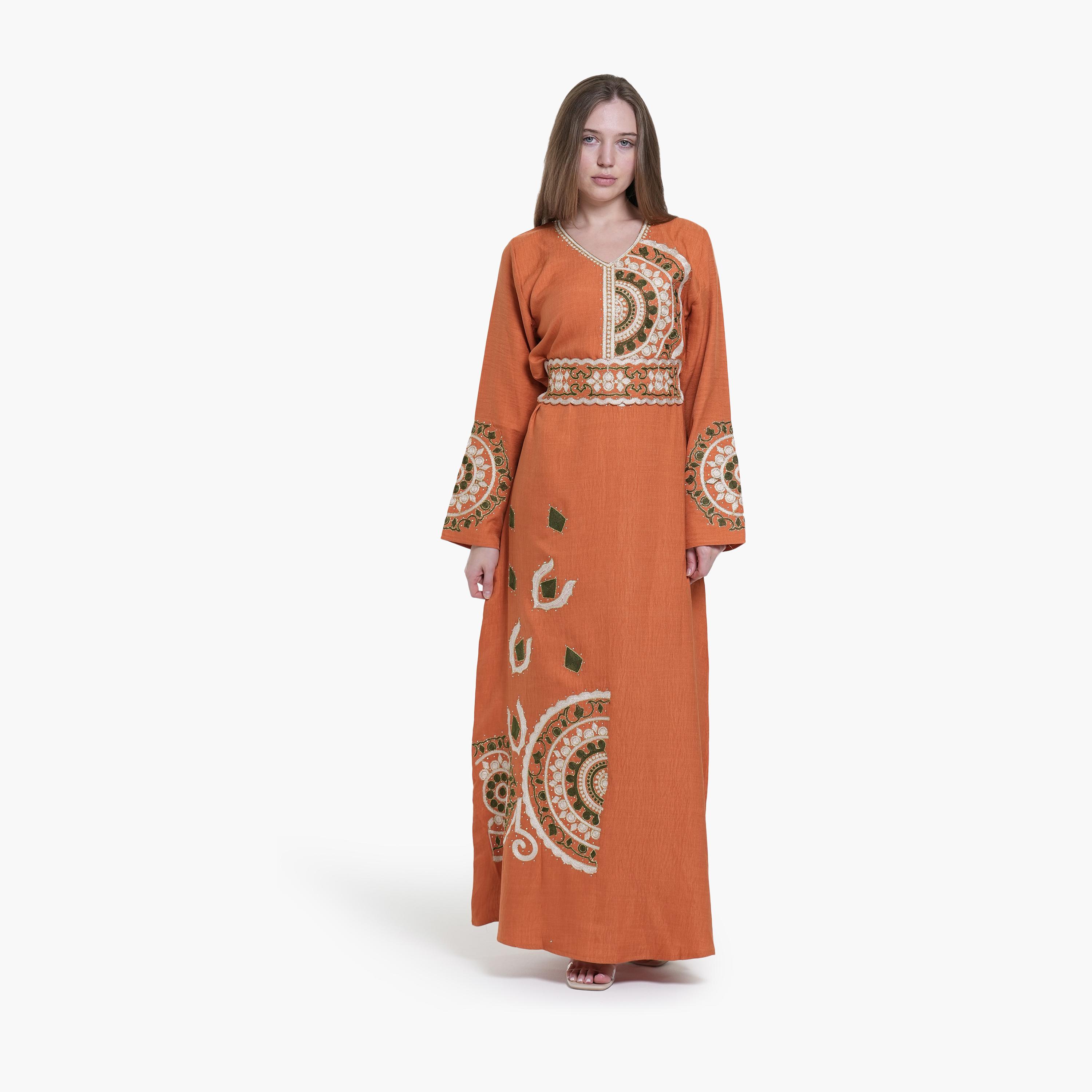 AL BENT AL SHARQIEH Embroidered Linen Women's Jalabiya-women-arabicclothing-jalabiyas-image-1