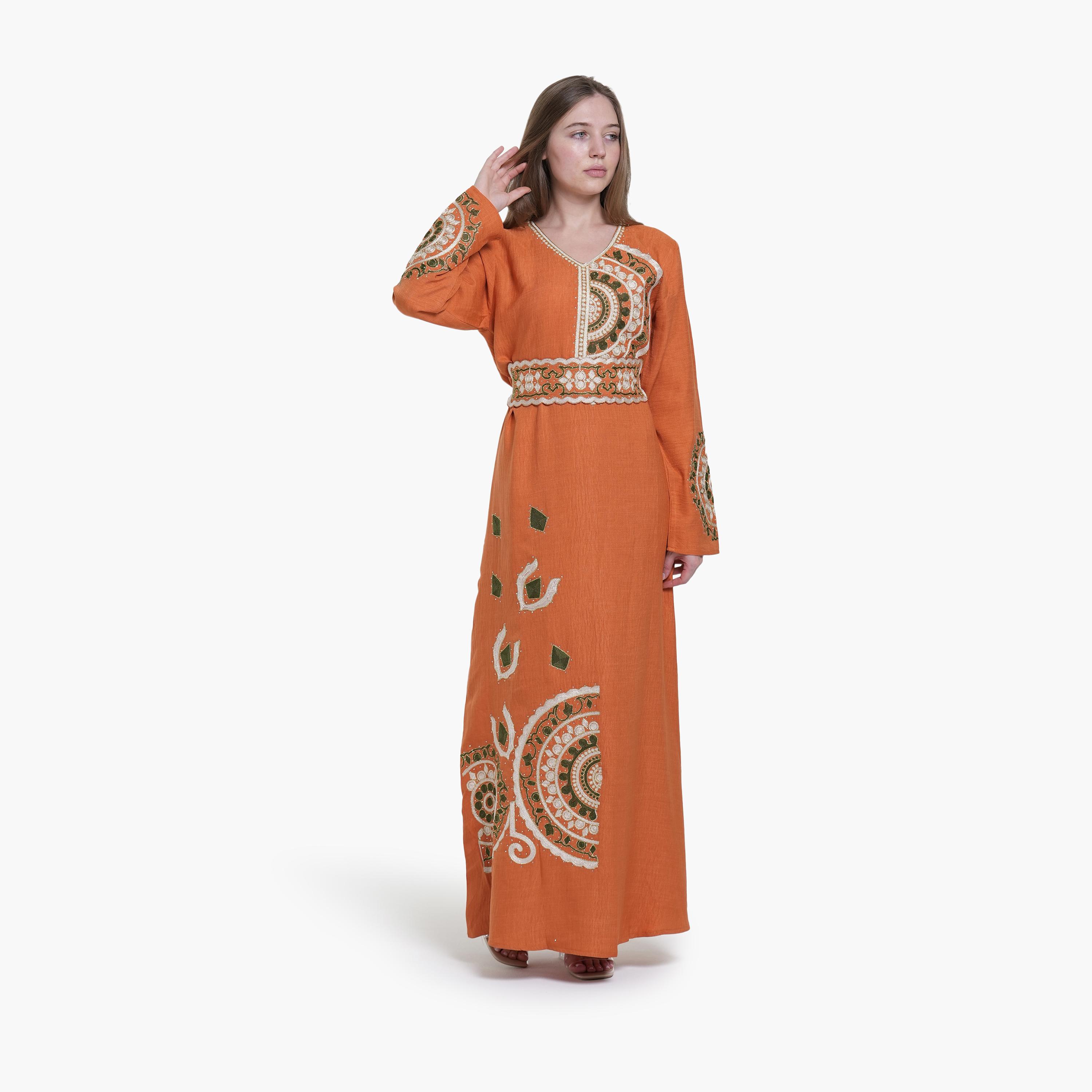 AL BENT AL SHARQIEH Embroidered Linen Women's Jalabiya-women-arabicclothing-jalabiyas-image-3