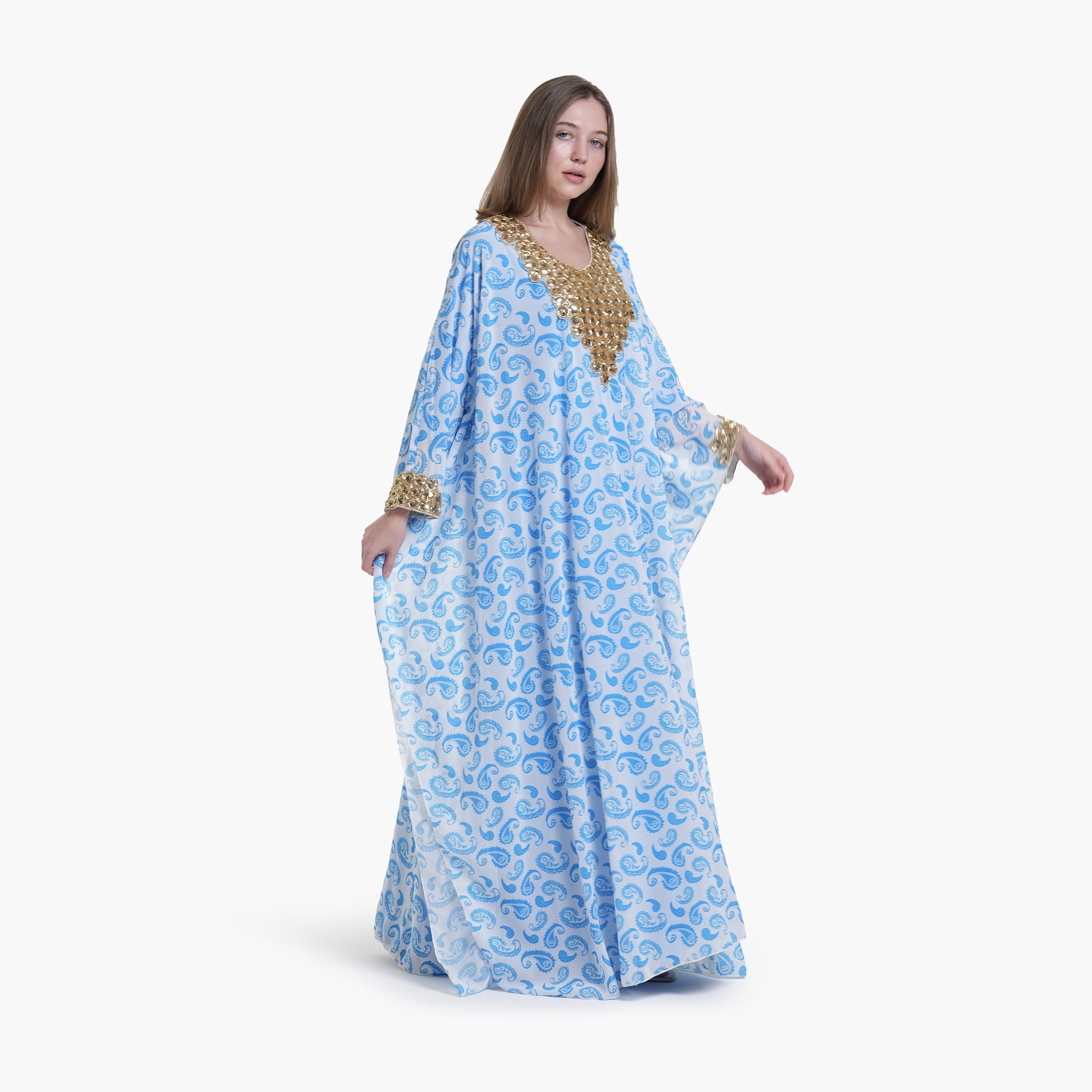 AL BENT AL SHARQIEH Paisley & Beaded Yoke Batwing Sleeves Crepe Women's Kaftan Style Jalabiya-women-arabicclothing-jalabiyas-image-1