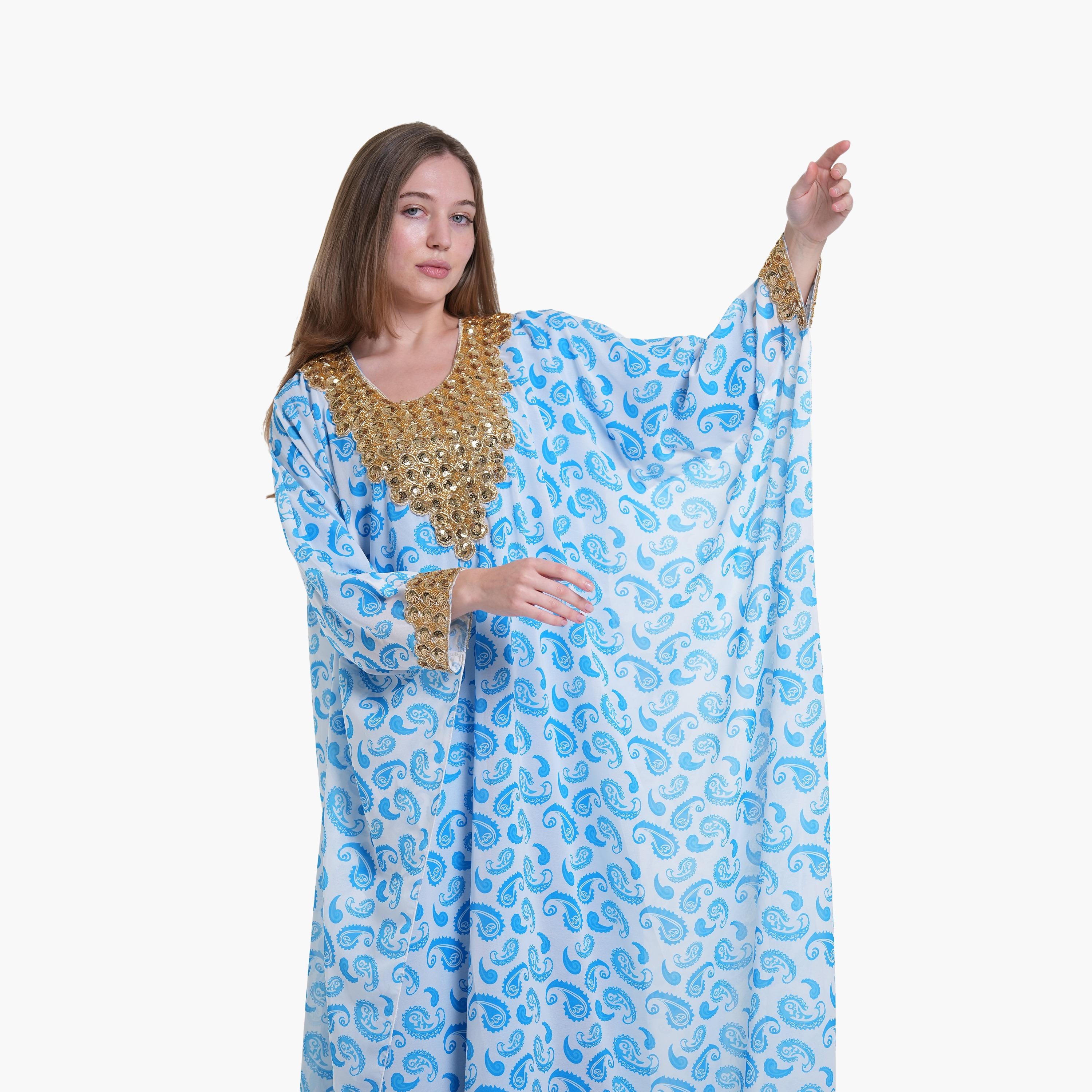 AL BENT AL SHARQIEH Paisley & Beaded Yoke Batwing Sleeves Crepe Women's Kaftan Style Jalabiya-women-arabicclothing-jalabiyas-image-2