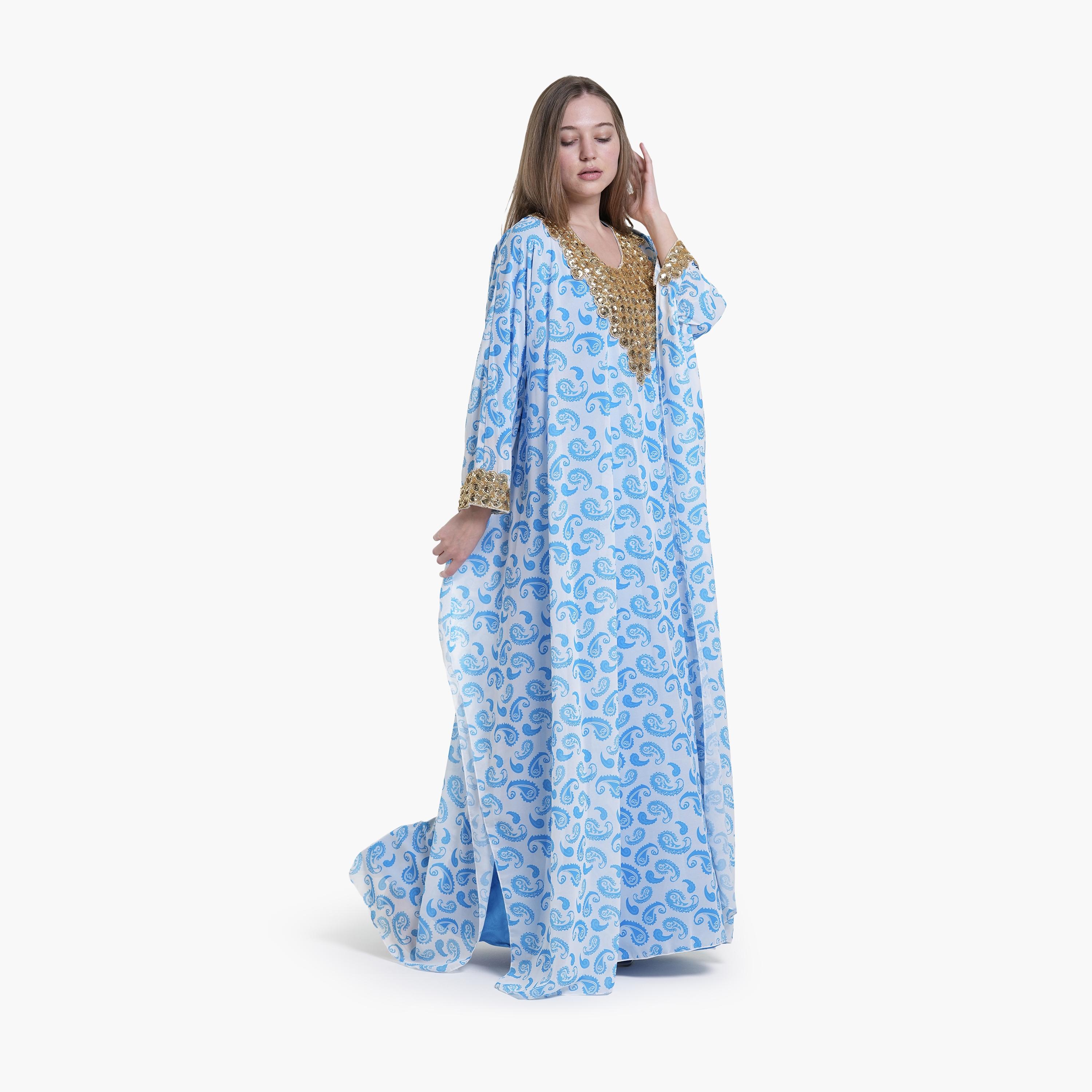 AL BENT AL SHARQIEH Paisley & Beaded Yoke Batwing Sleeves Crepe Women's Kaftan Style Jalabiya-women-arabicclothing-jalabiyas-image-3