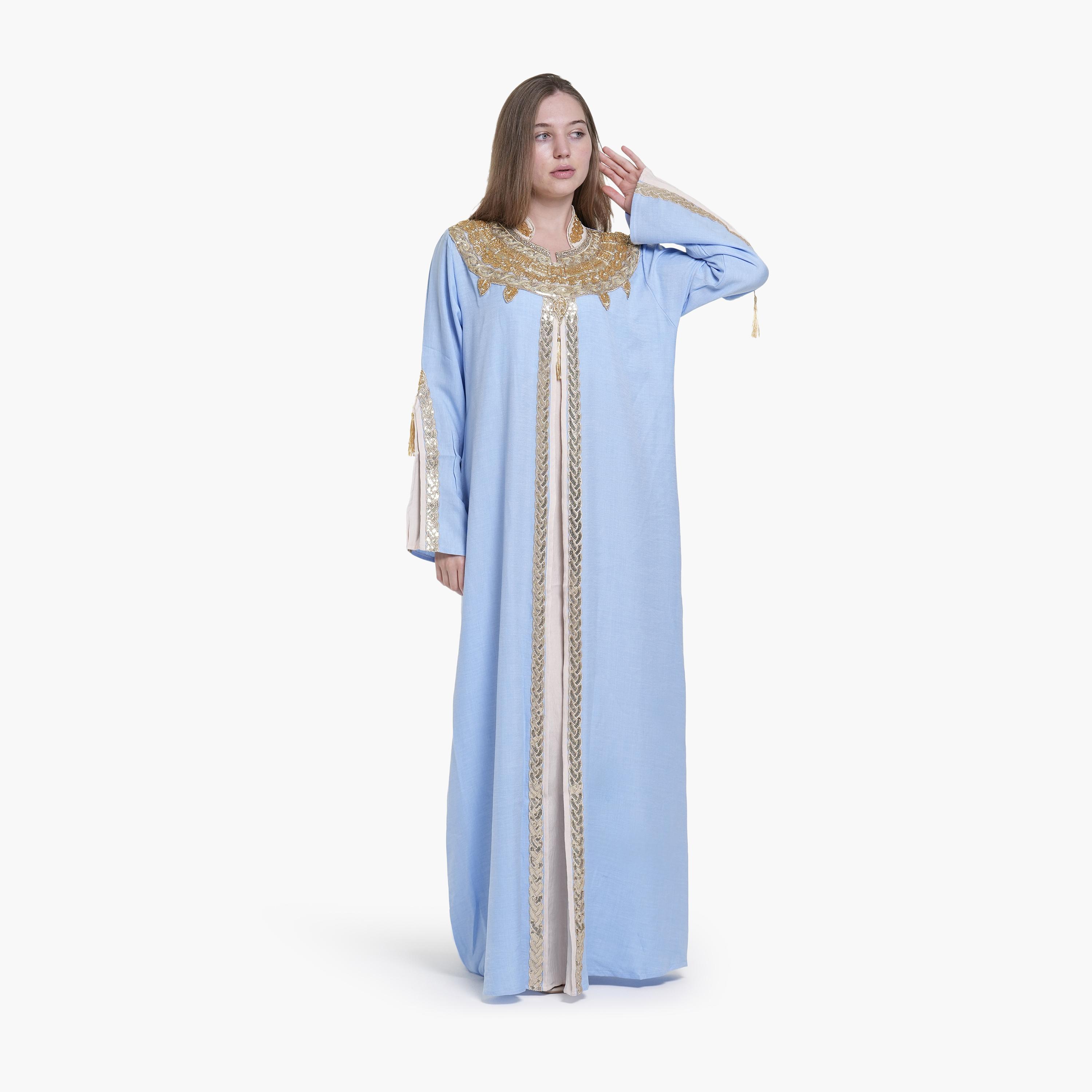 AL BENT AL SHARQIEH Beaded & Sequined Mandarin Collar Linen Women's Jalabiya-women-arabicclothing-jalabiyas-image-1