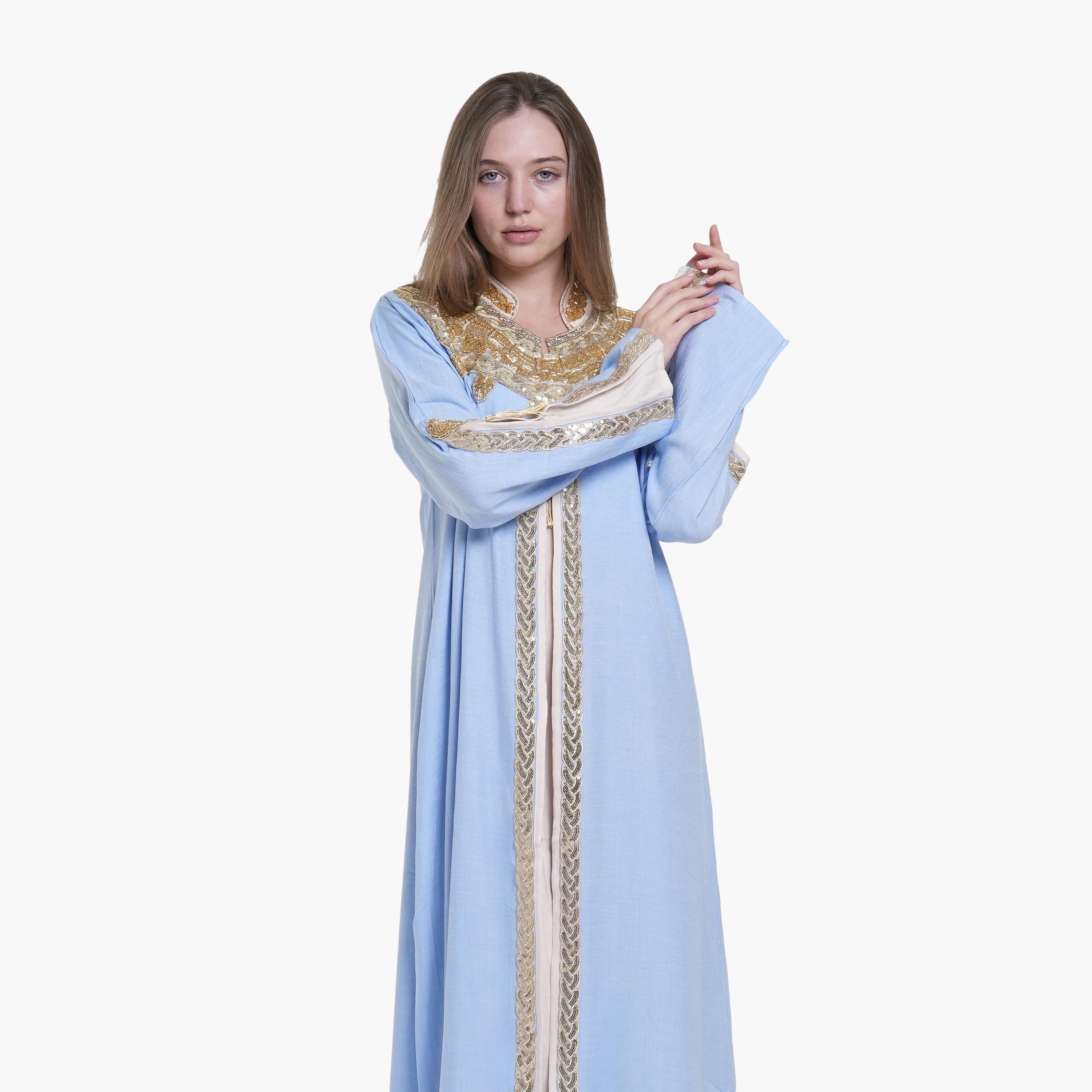AL BENT AL SHARQIEH Beaded & Sequined Mandarin Collar Linen Women's Jalabiya-women-arabicclothing-jalabiyas-image-2