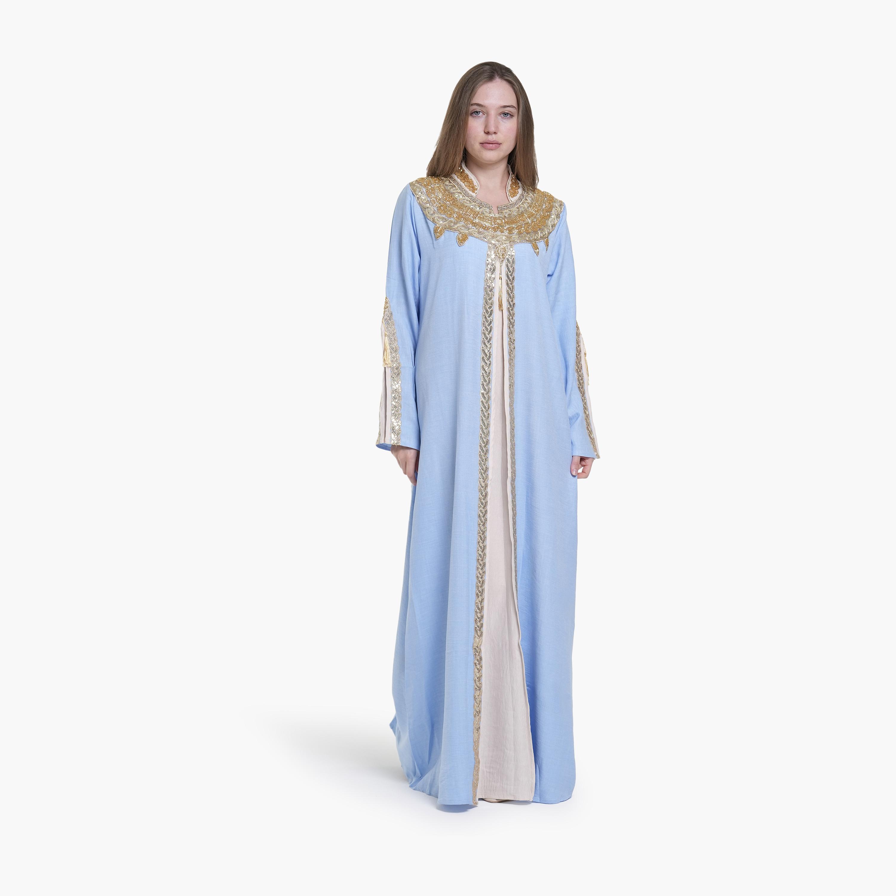 AL BENT AL SHARQIEH Beaded & Sequined Mandarin Collar Linen Women's Jalabiya-women-arabicclothing-jalabiyas-image-3