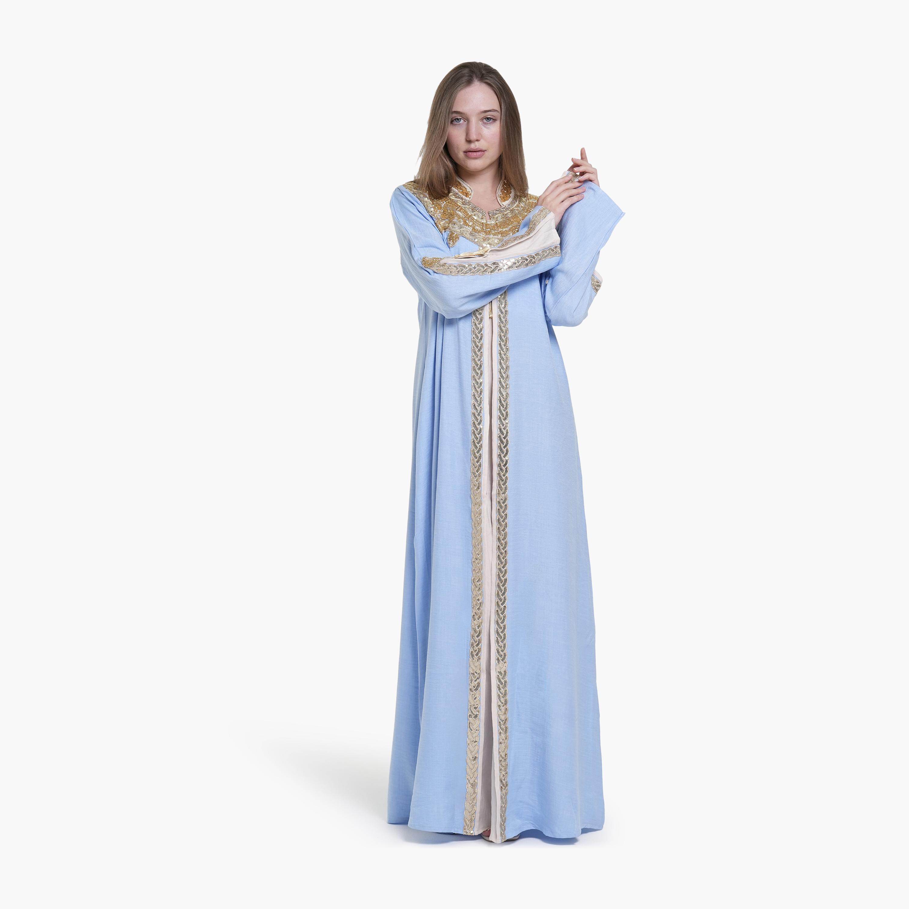 AL BENT AL SHARQIEH Beaded & Sequined Mandarin Collar Linen Women's Jalabiya-women-arabicclothing-jalabiyas-image-4