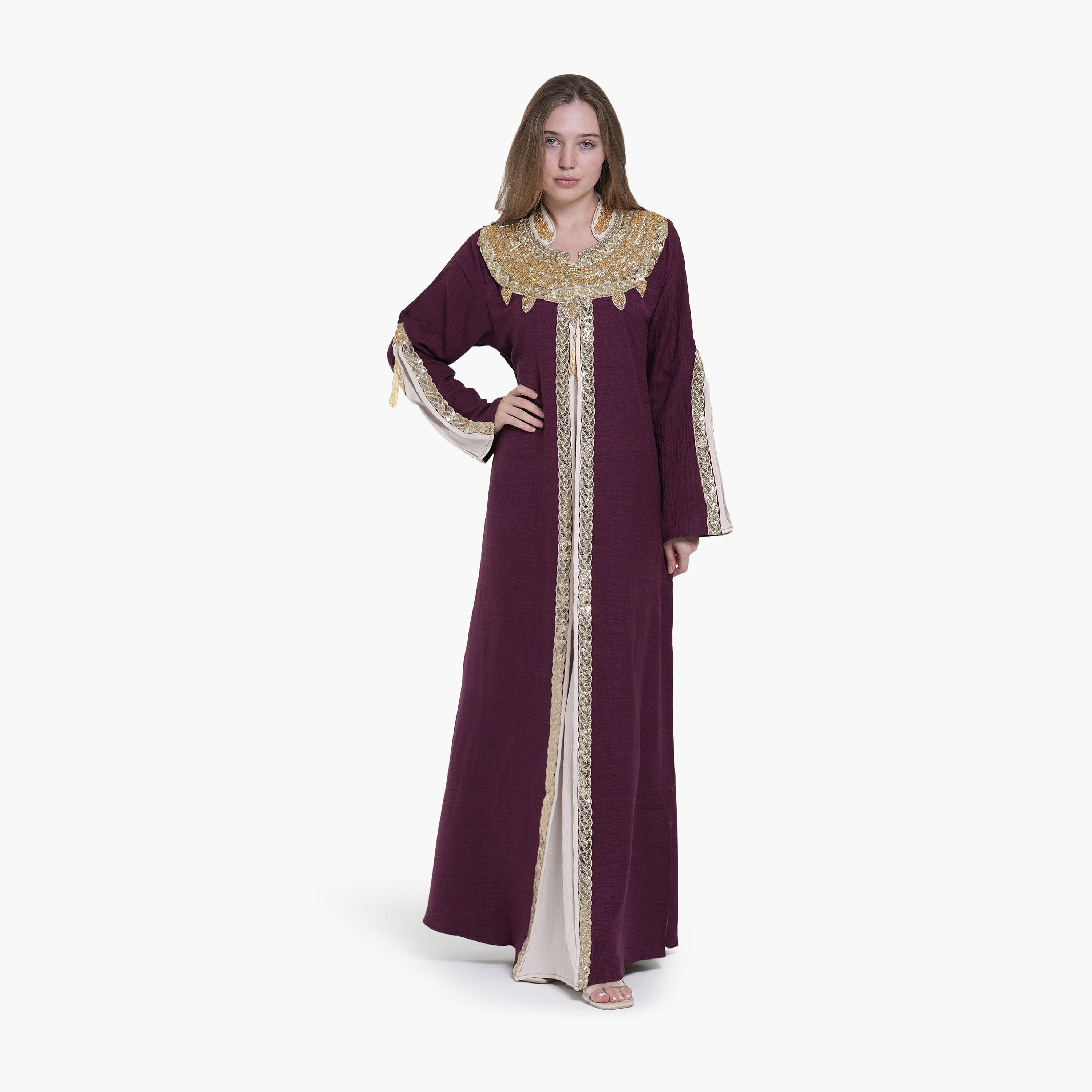 AL BENT AL SHARQIEH Beaded & Sequined Mandarin Collar Linen Women's Jalabiya-women-arabicclothing-jalabiyas-image-1