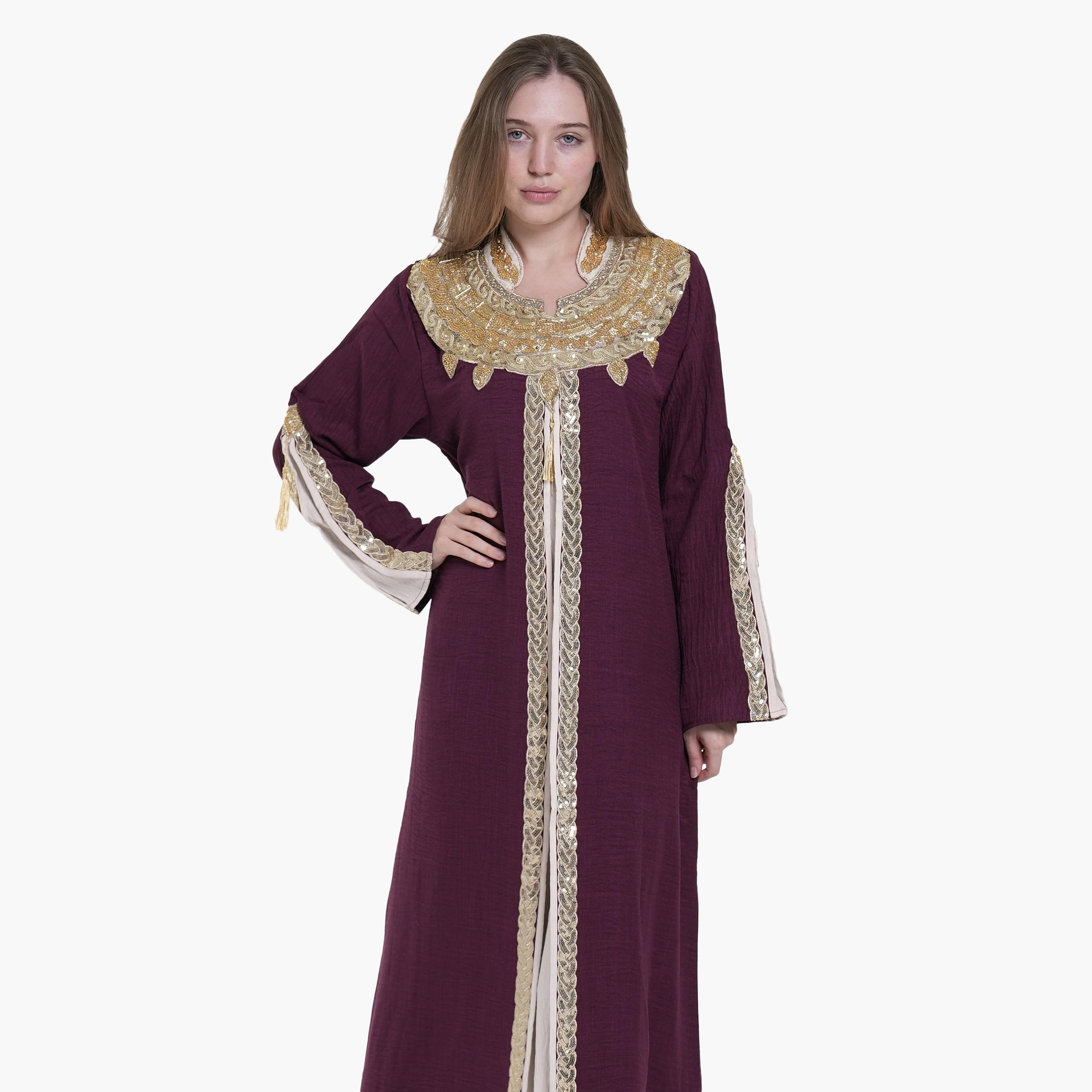 AL BENT AL SHARQIEH Beaded & Sequined Mandarin Collar Linen Women's Jalabiya-women-arabicclothing-jalabiyas-image-2
