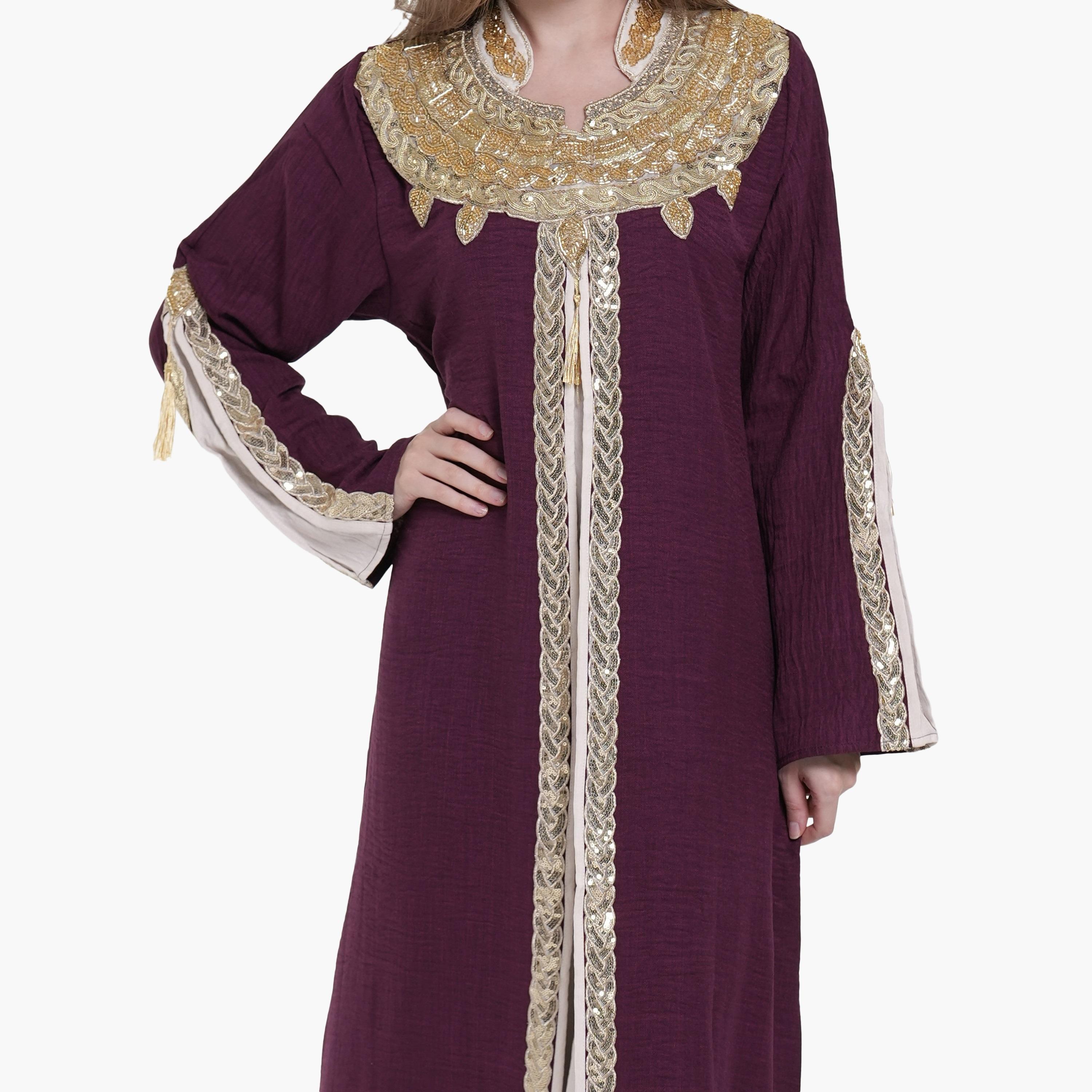 AL BENT AL SHARQIEH Beaded & Sequined Mandarin Collar Linen Women's Jalabiya-women-arabicclothing-jalabiyas-image-3