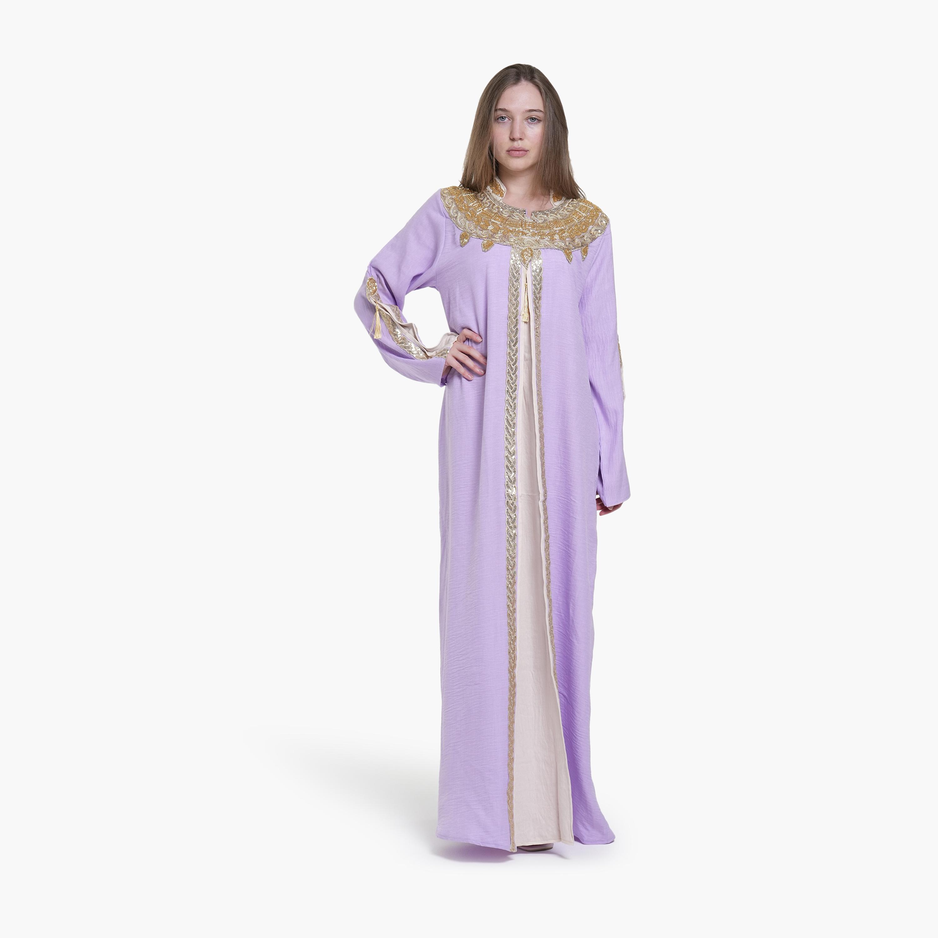 جلابية نسائية بياقة ماندارين وتطريز خرز وترتر قماش كتان من البنت الشرقية-women-arabicclothing-jalabiyas-image-1