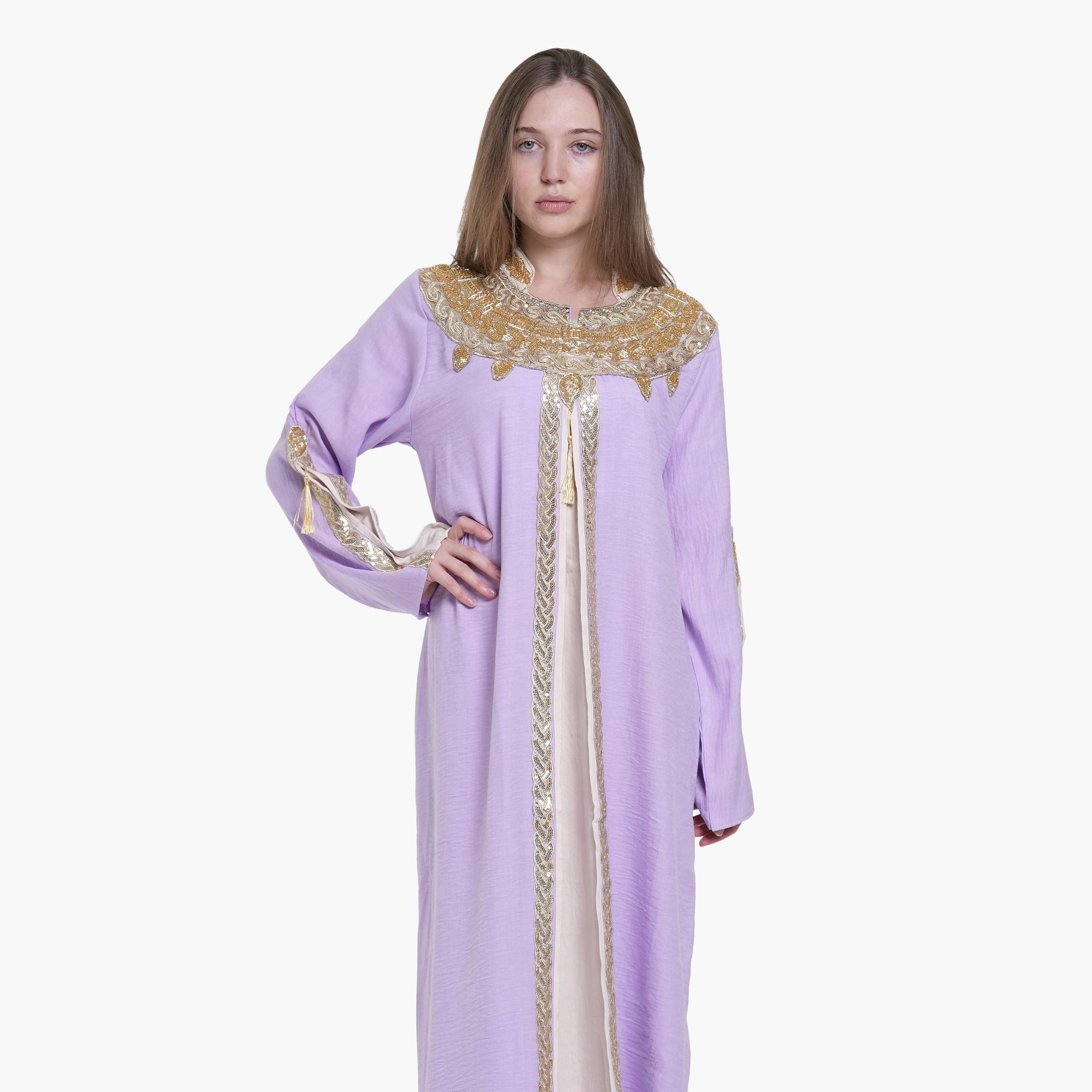 جلابية نسائية بياقة ماندارين وتطريز خرز وترتر قماش كتان من البنت الشرقية-women-arabicclothing-jalabiyas-image-2