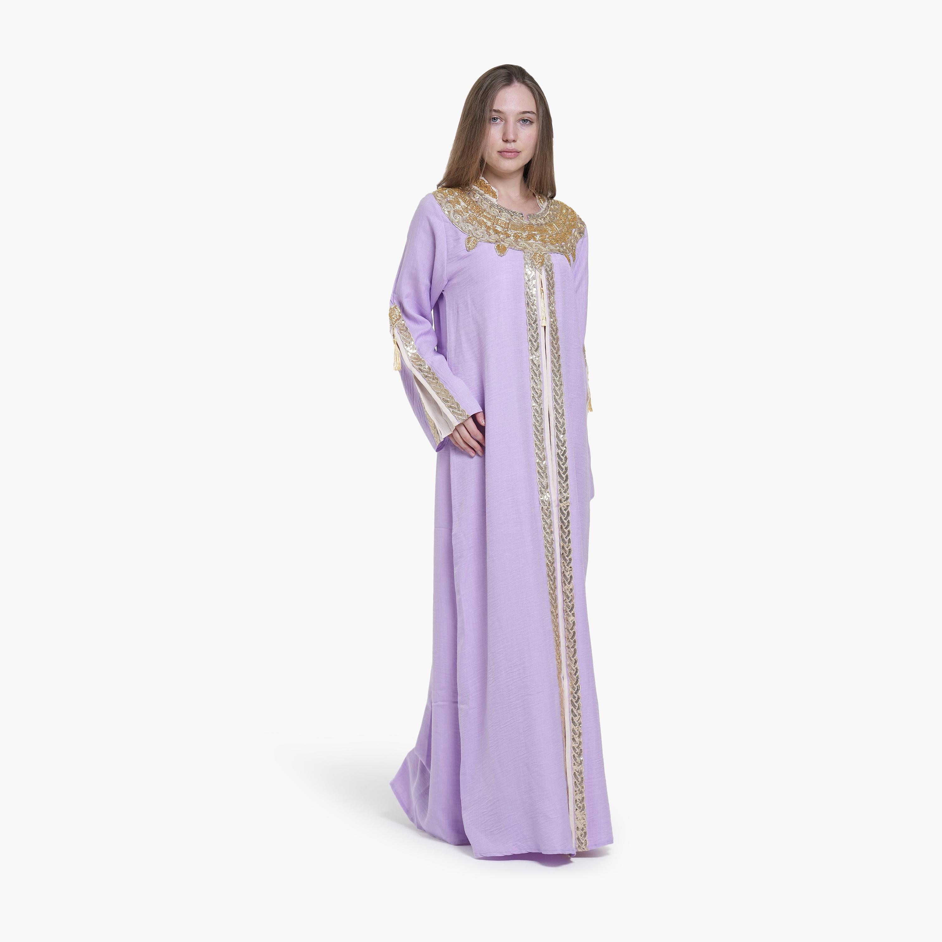 جلابية نسائية بياقة ماندارين وتطريز خرز وترتر قماش كتان من البنت الشرقية-women-arabicclothing-jalabiyas-image-3