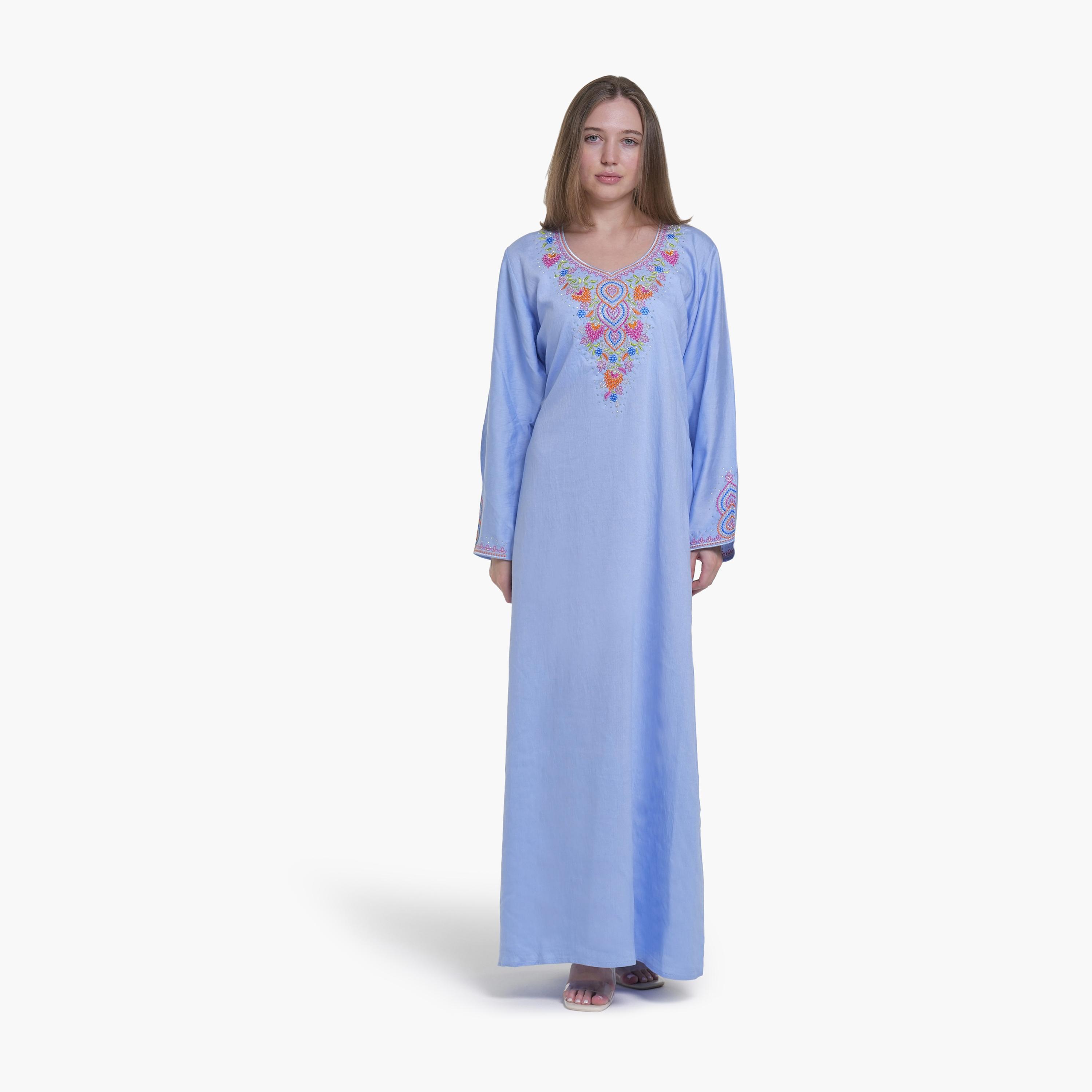 AL BENT AL SHARQIEH Embroidered Yoke Linen Women's Jalabiya-women-arabicclothing-jalabiyas-image-1