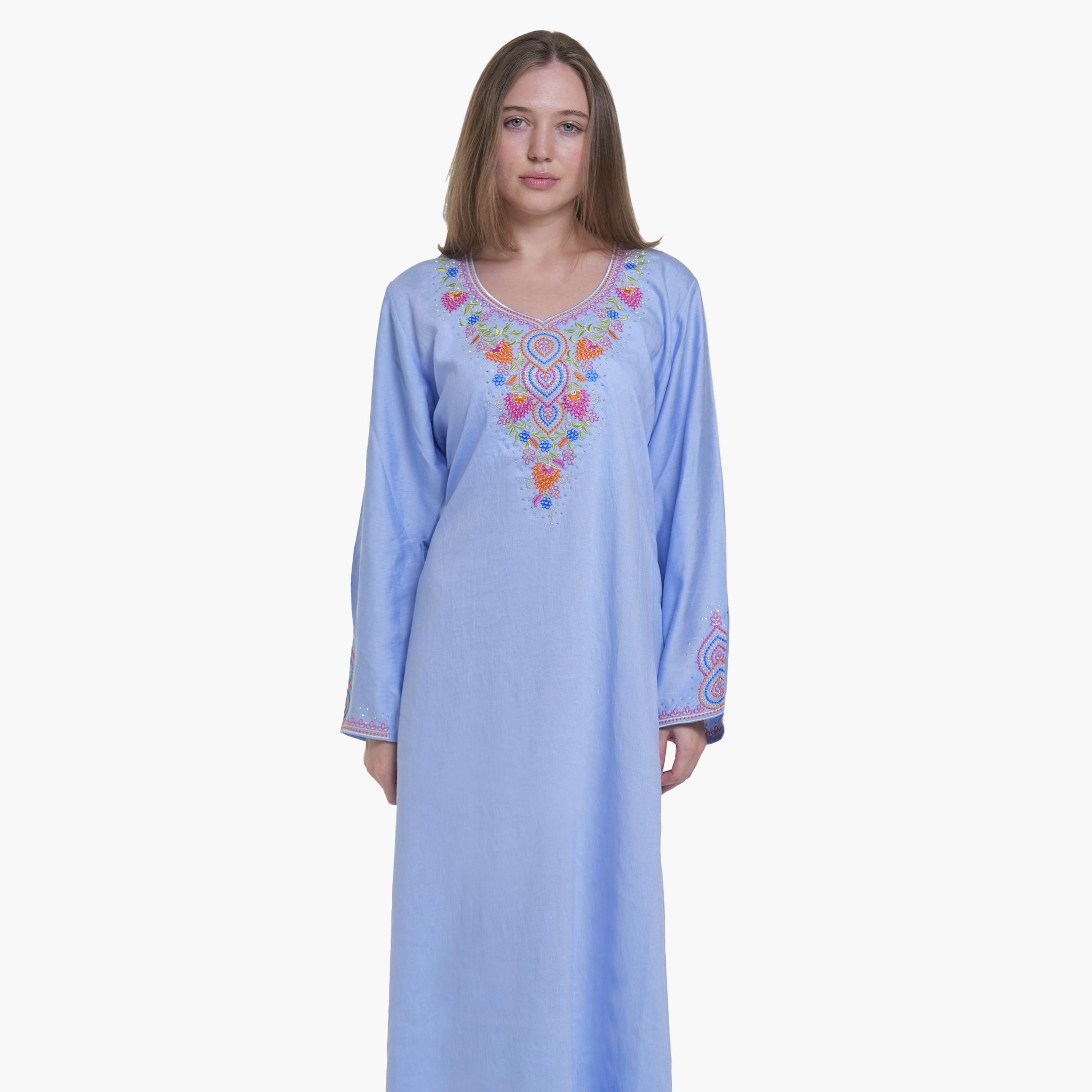 AL BENT AL SHARQIEH Embroidered Yoke Linen Women's Jalabiya-women-arabicclothing-jalabiyas-image-2