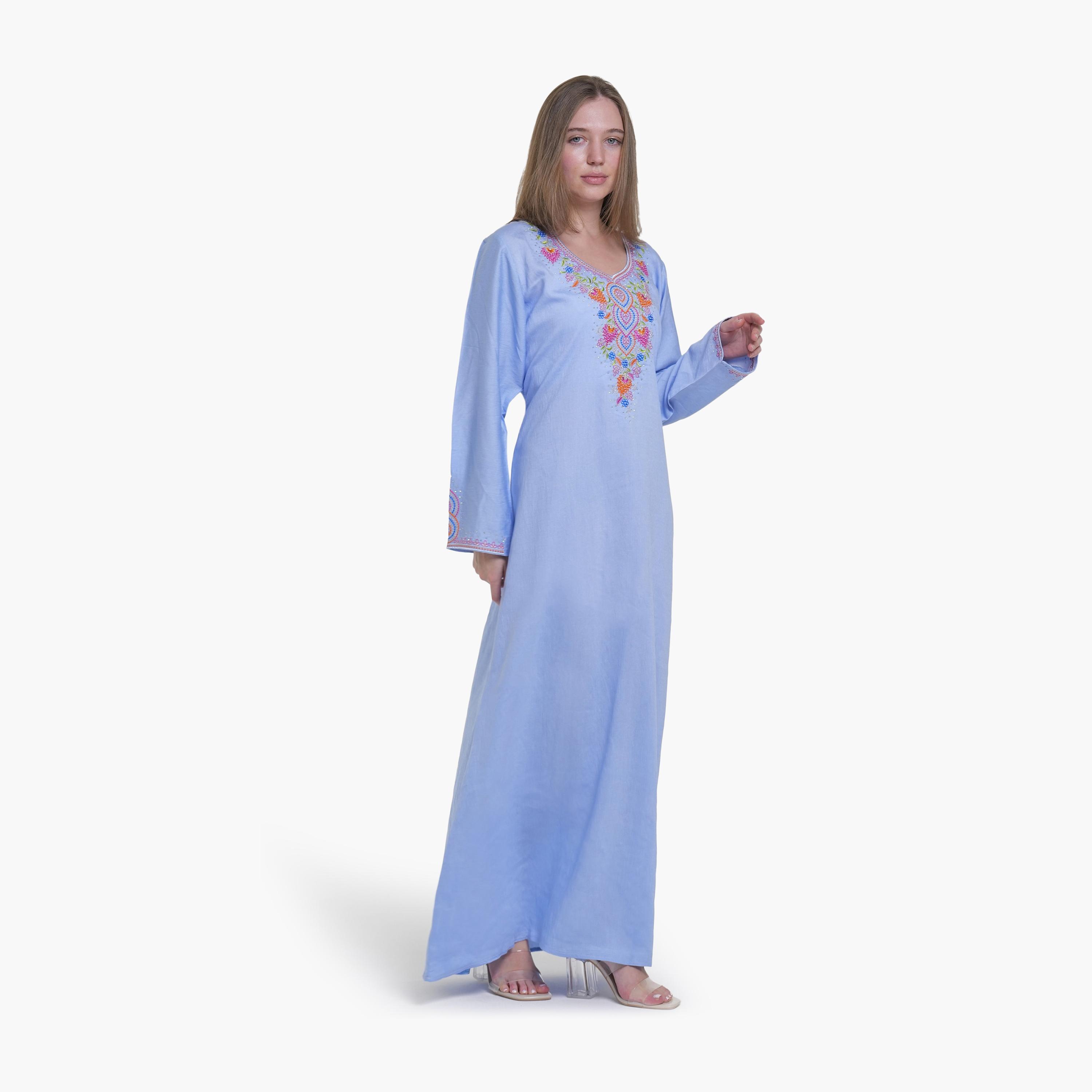 AL BENT AL SHARQIEH Embroidered Yoke Linen Women's Jalabiya-women-arabicclothing-jalabiyas-image-3