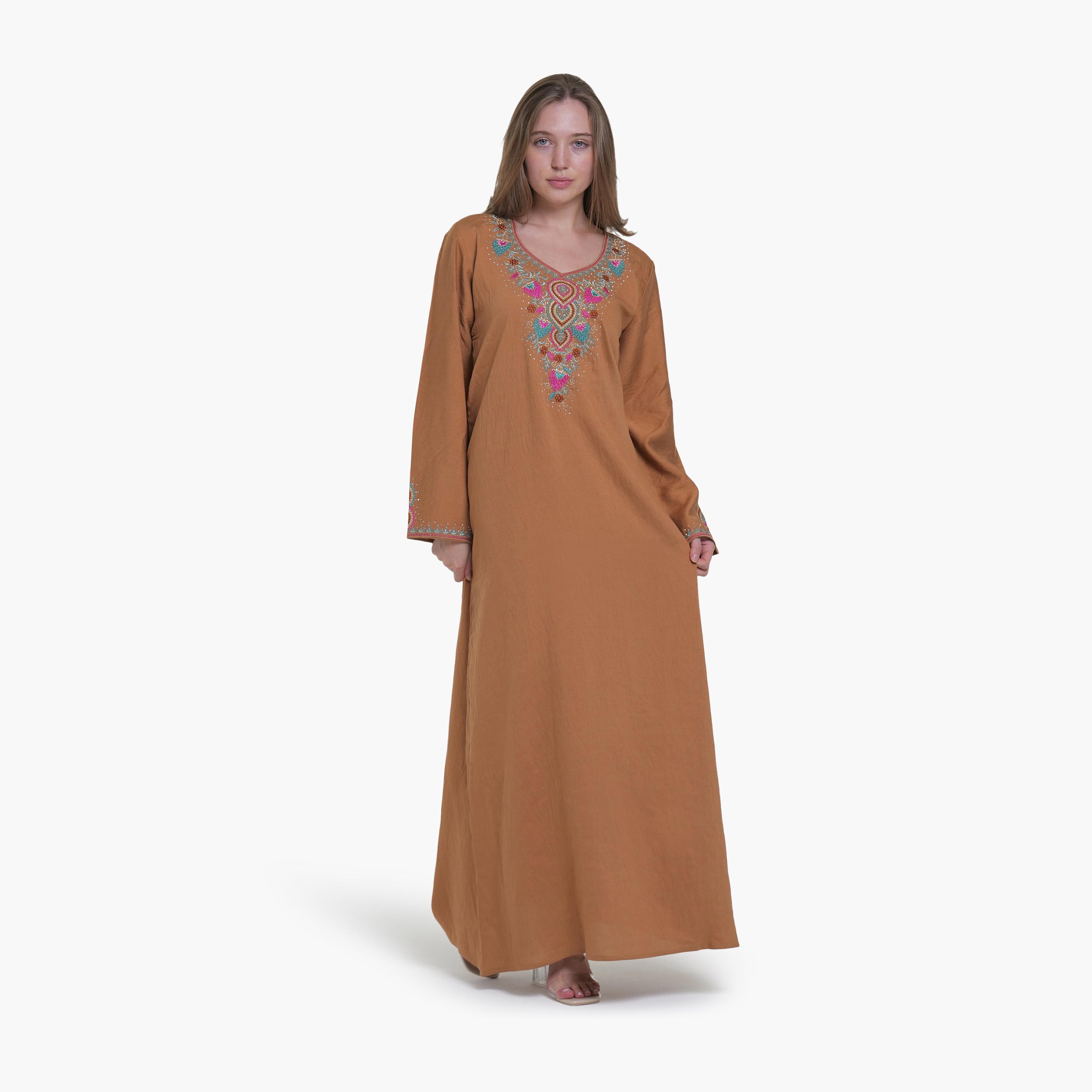 AL BENT AL SHARQIEH Embroidered Yoke Linen Women's Jalabiya-women-arabicclothing-jalabiyas-image-1
