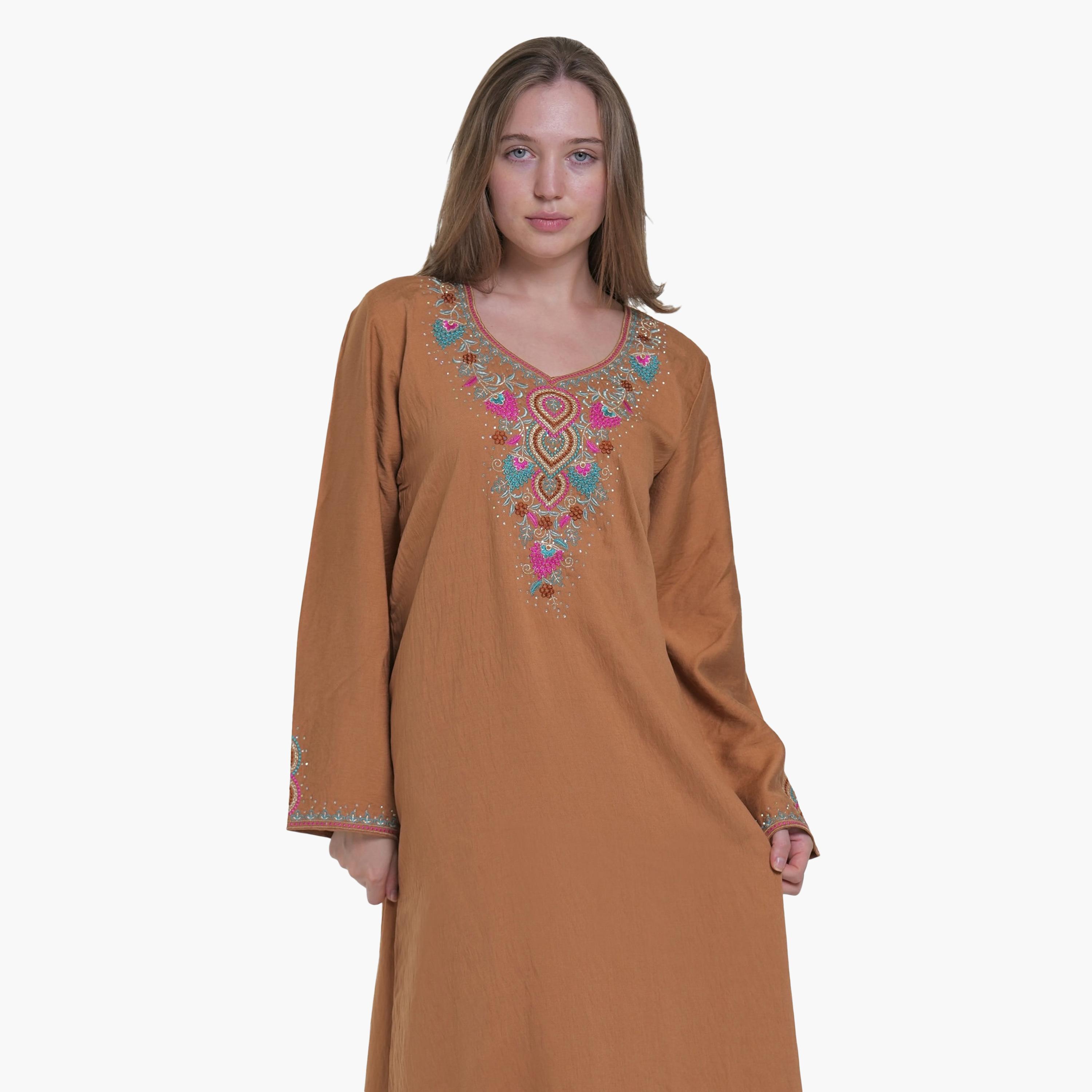 AL BENT AL SHARQIEH Embroidered Yoke Linen Women's Jalabiya-women-arabicclothing-jalabiyas-image-2