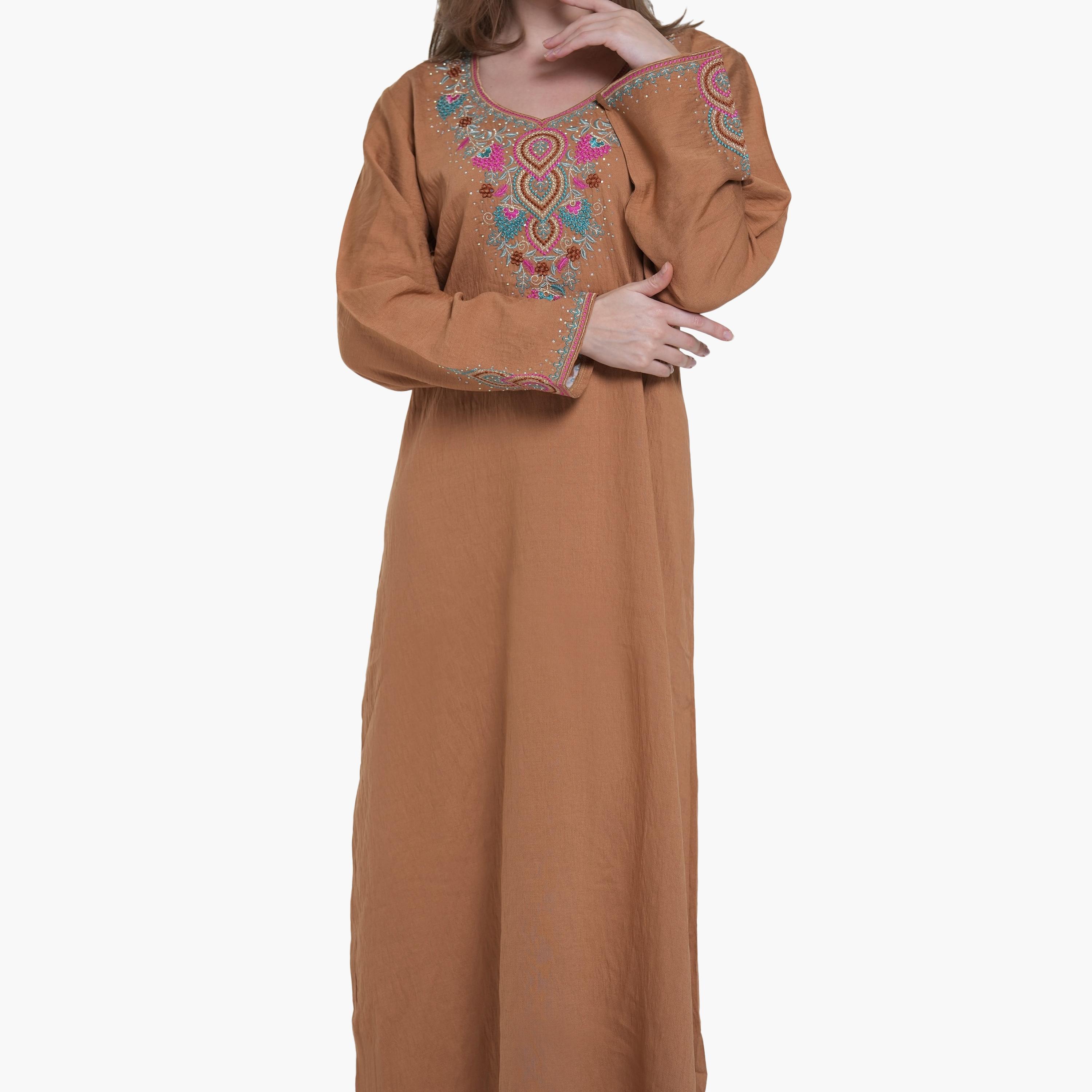 AL BENT AL SHARQIEH Embroidered Yoke Linen Women's Jalabiya-women-arabicclothing-jalabiyas-image-3
