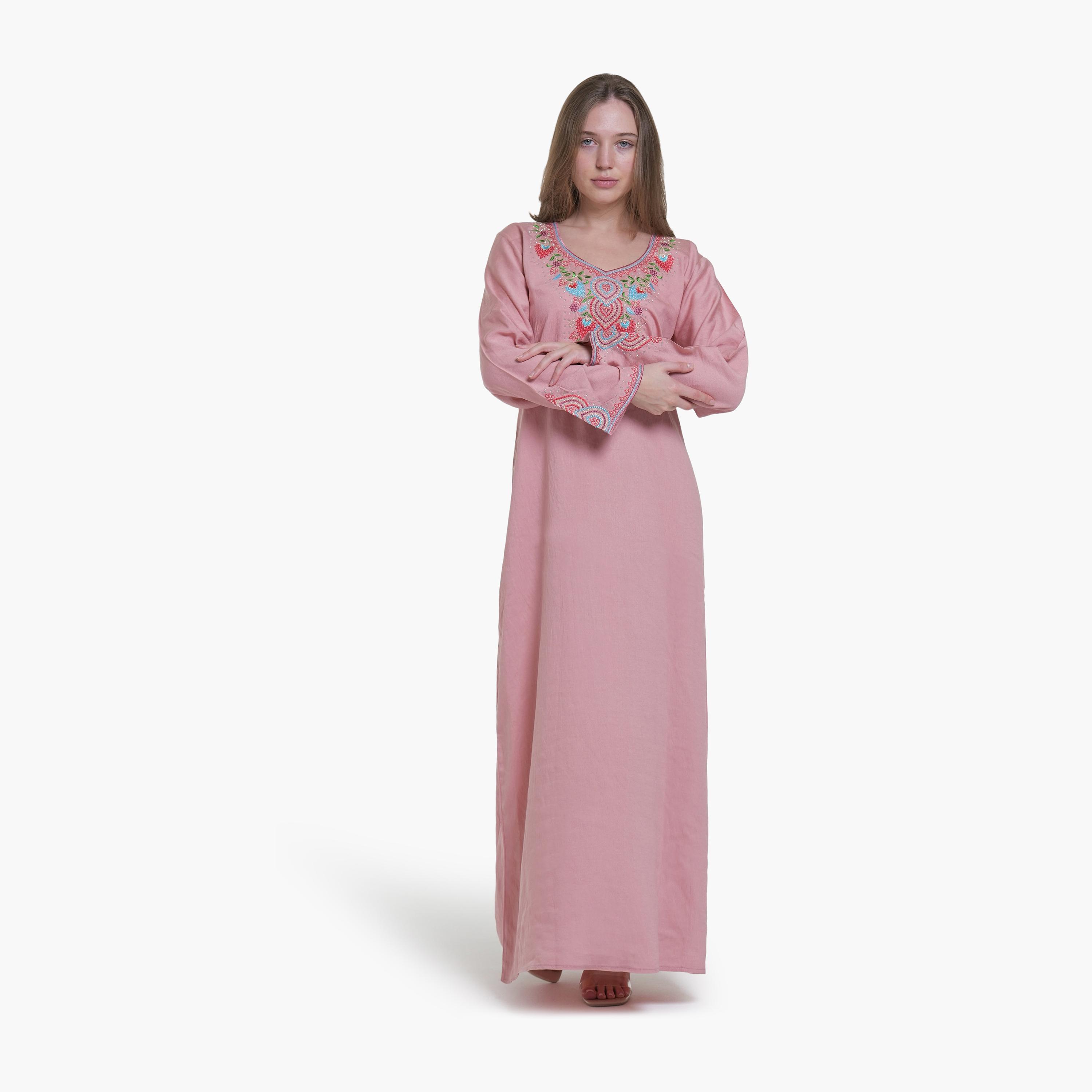 AL BENT AL SHARQIEH Embroidered Yoke Linen Women's Jalabiya-women-arabicclothing-jalabiyas-image-1