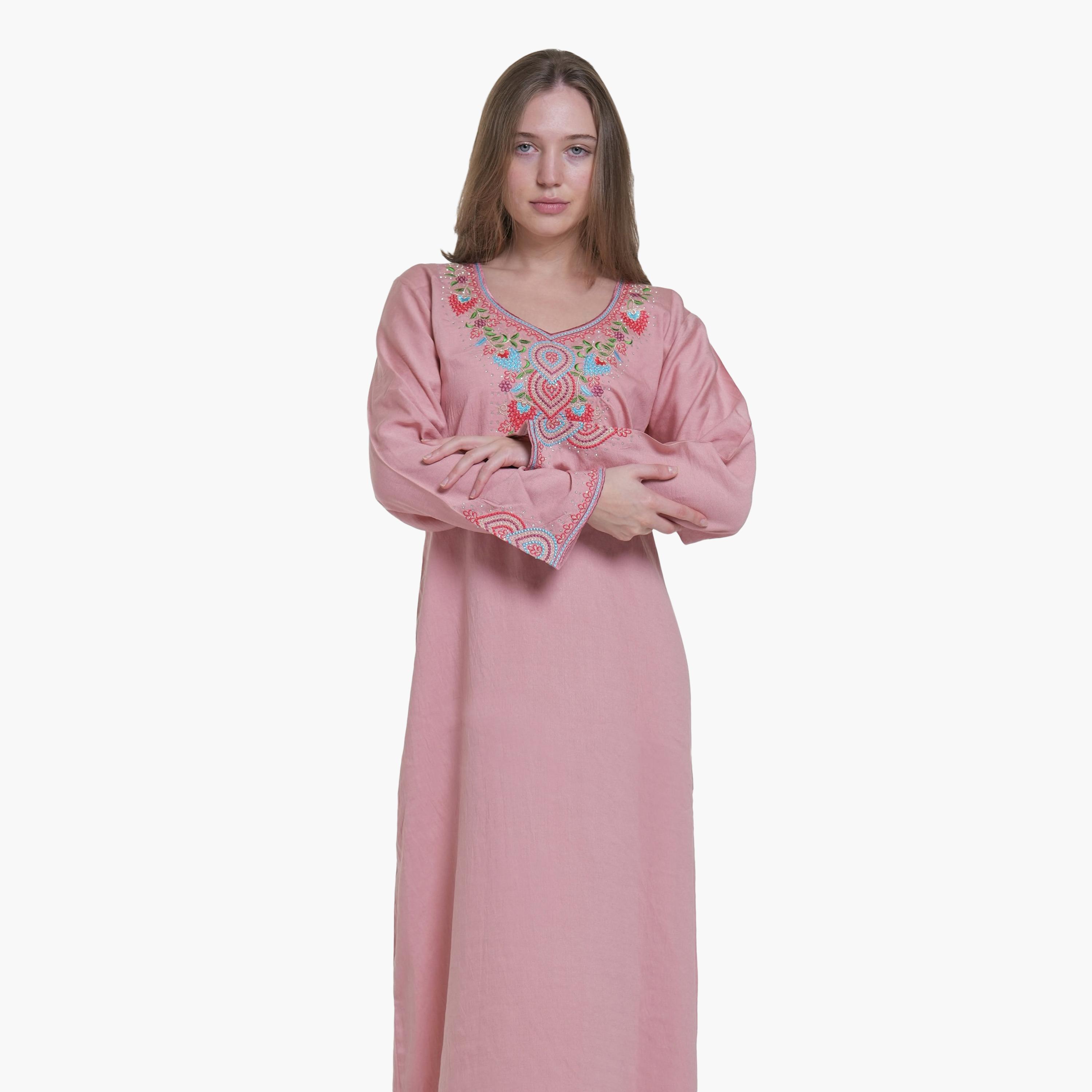 AL BENT AL SHARQIEH Embroidered Yoke Linen Women's Jalabiya-women-arabicclothing-jalabiyas-image-2