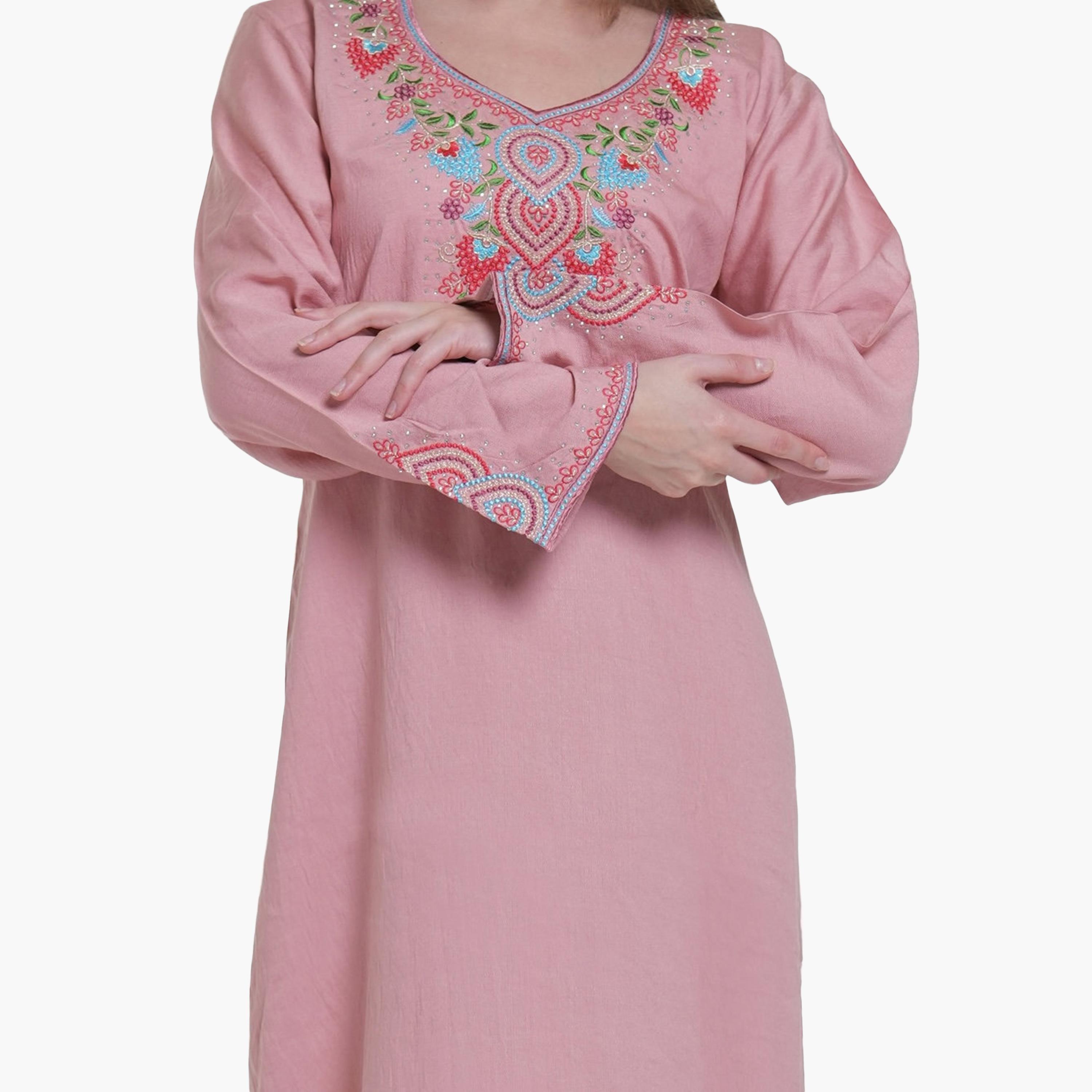 AL BENT AL SHARQIEH Embroidered Yoke Linen Women's Jalabiya-women-arabicclothing-jalabiyas-image-3