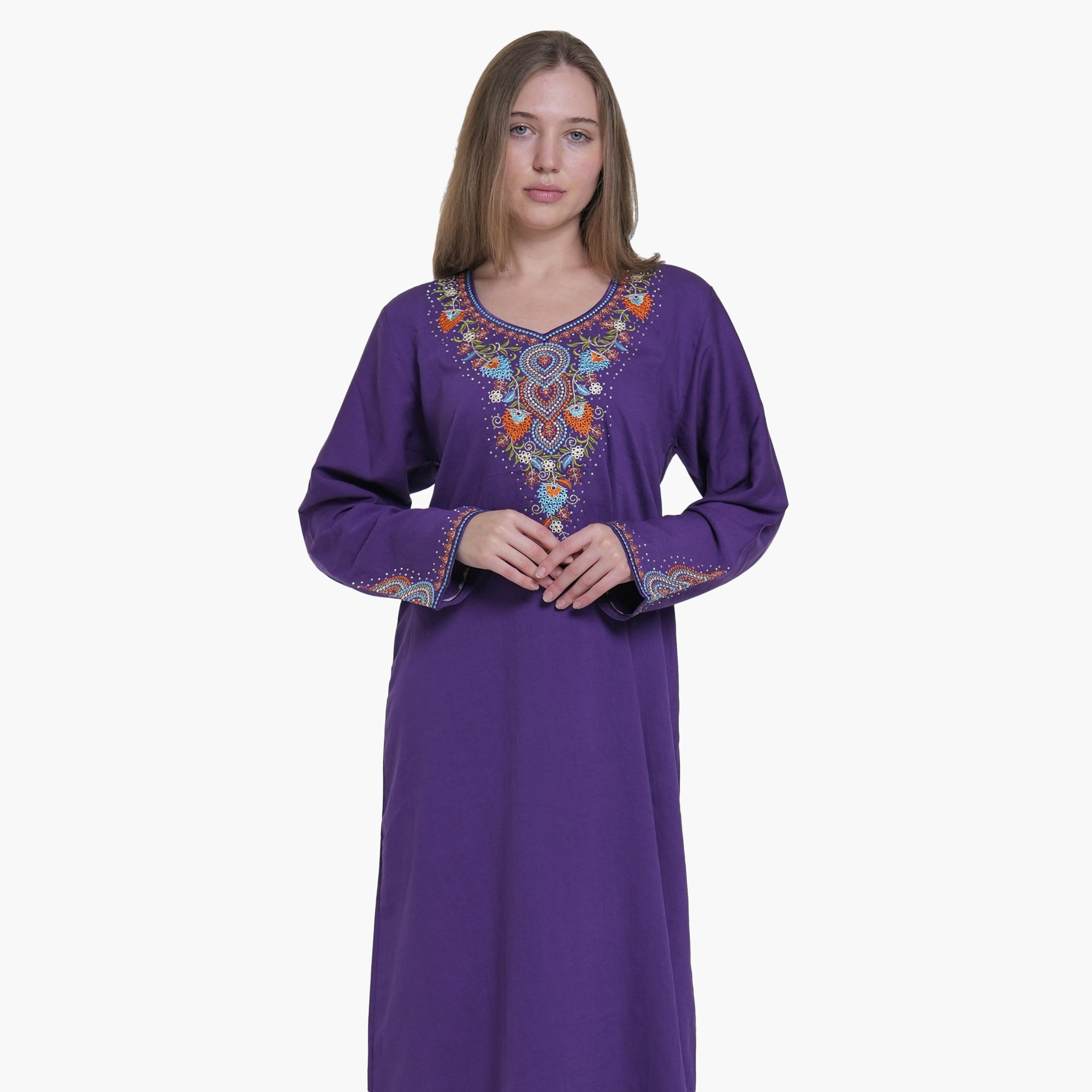 AL BENT AL SHARQIEH Embroidered Yoke Linen Women's Jalabiya-women-arabicclothing-jalabiyas-image-2