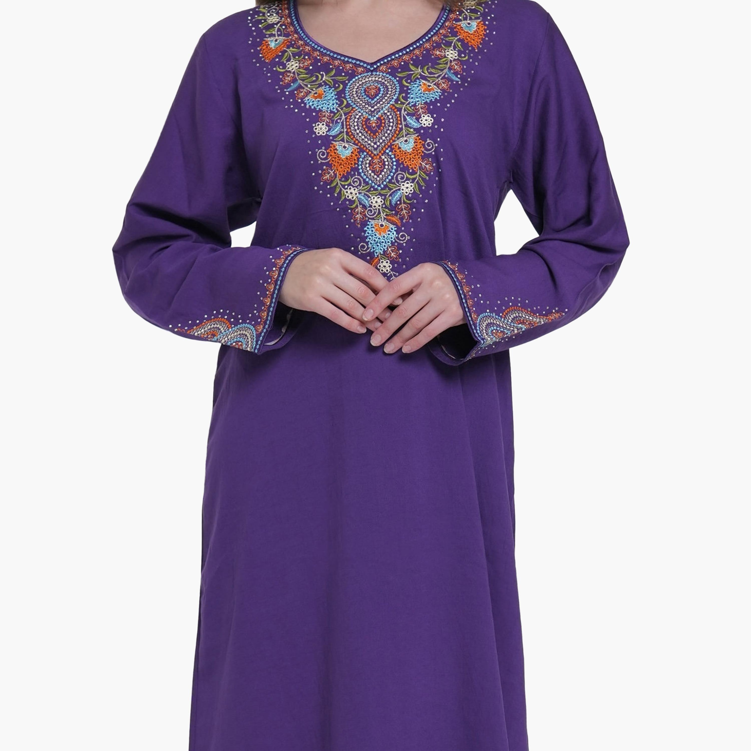 AL BENT AL SHARQIEH Embroidered Yoke Linen Women's Jalabiya-women-arabicclothing-jalabiyas-image-3