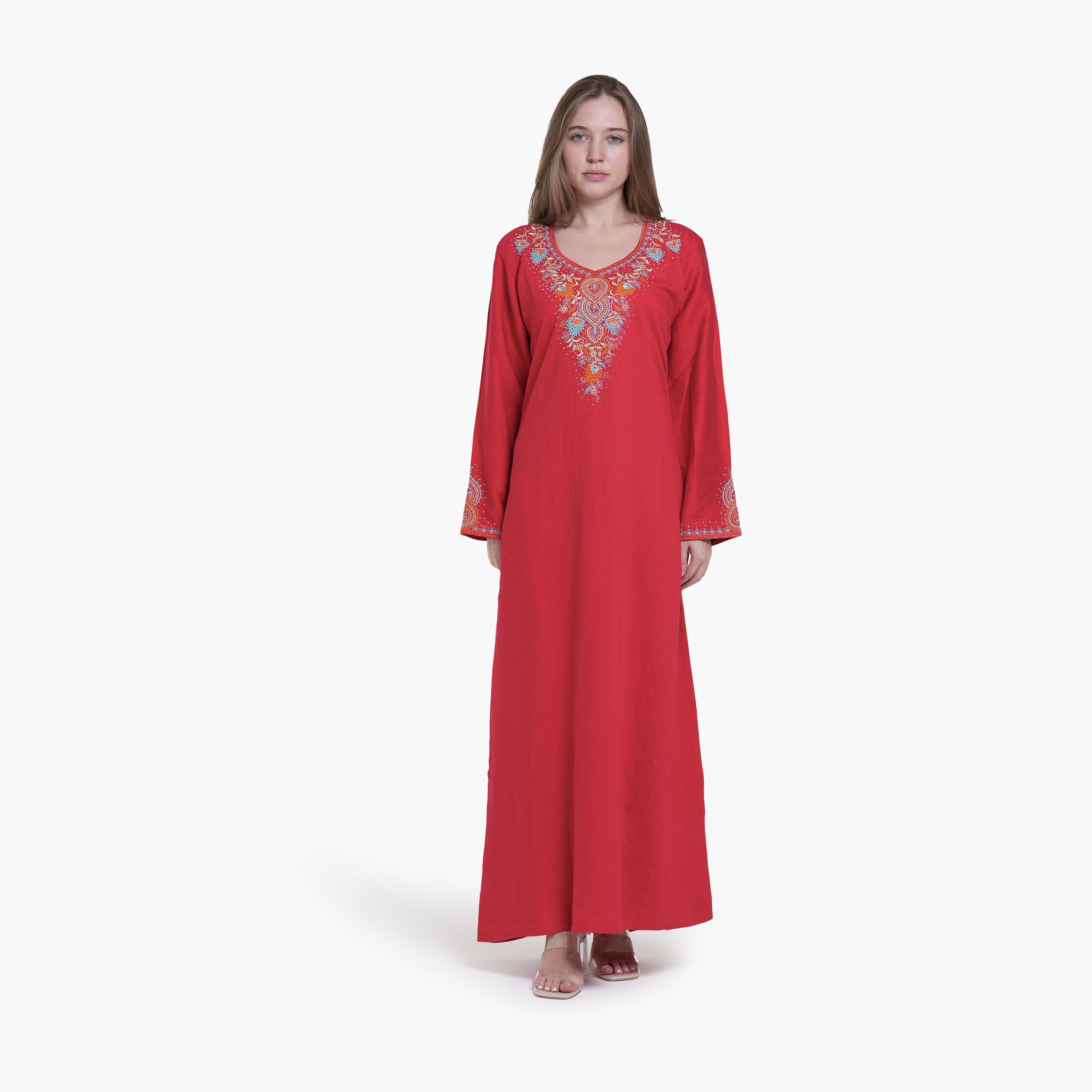 AL BENT AL SHARQIEH Embroidered Yoke Linen Women's Jalabiya-women-arabicclothing-jalabiyas-image-1
