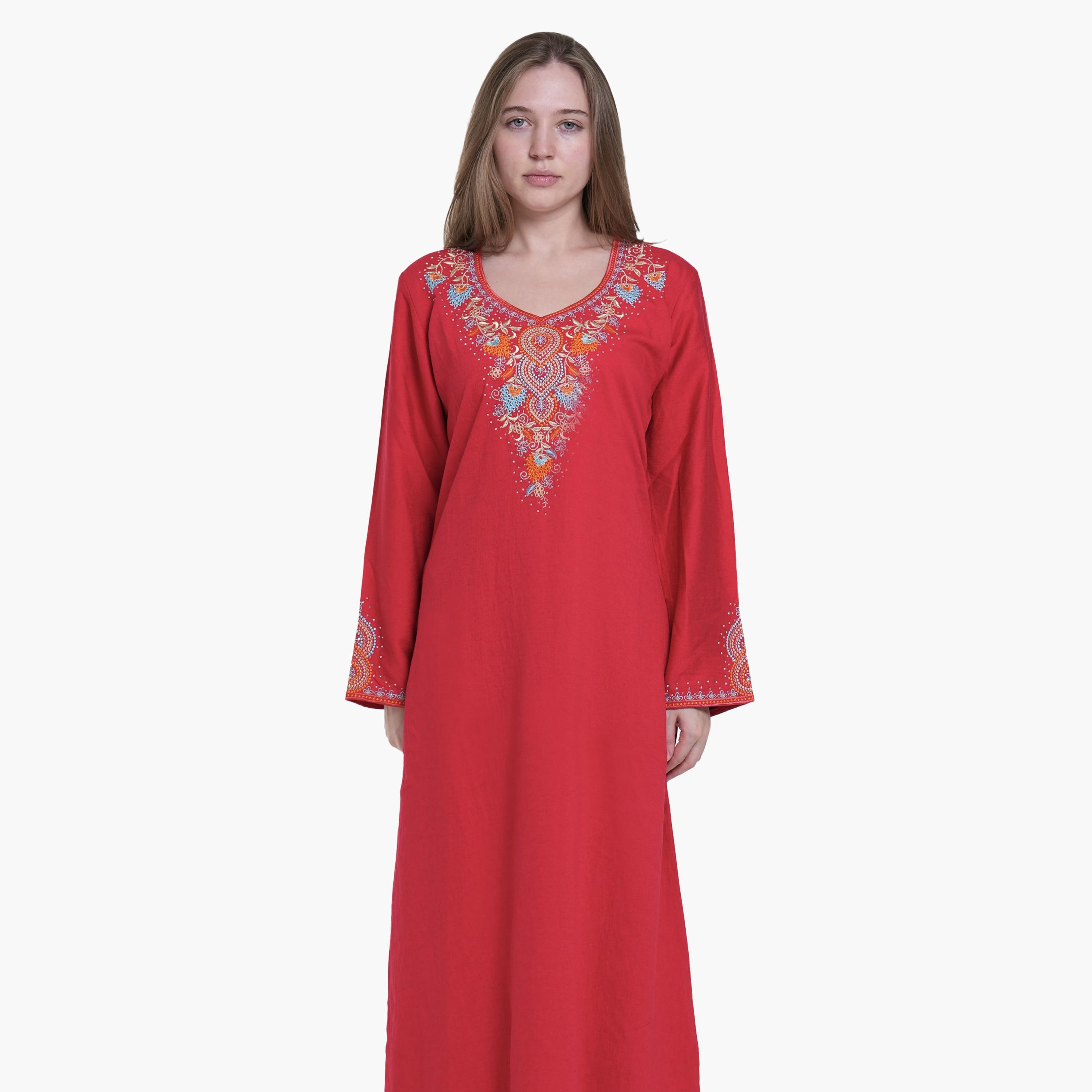 AL BENT AL SHARQIEH Embroidered Yoke Linen Women's Jalabiya-women-arabicclothing-jalabiyas-image-2