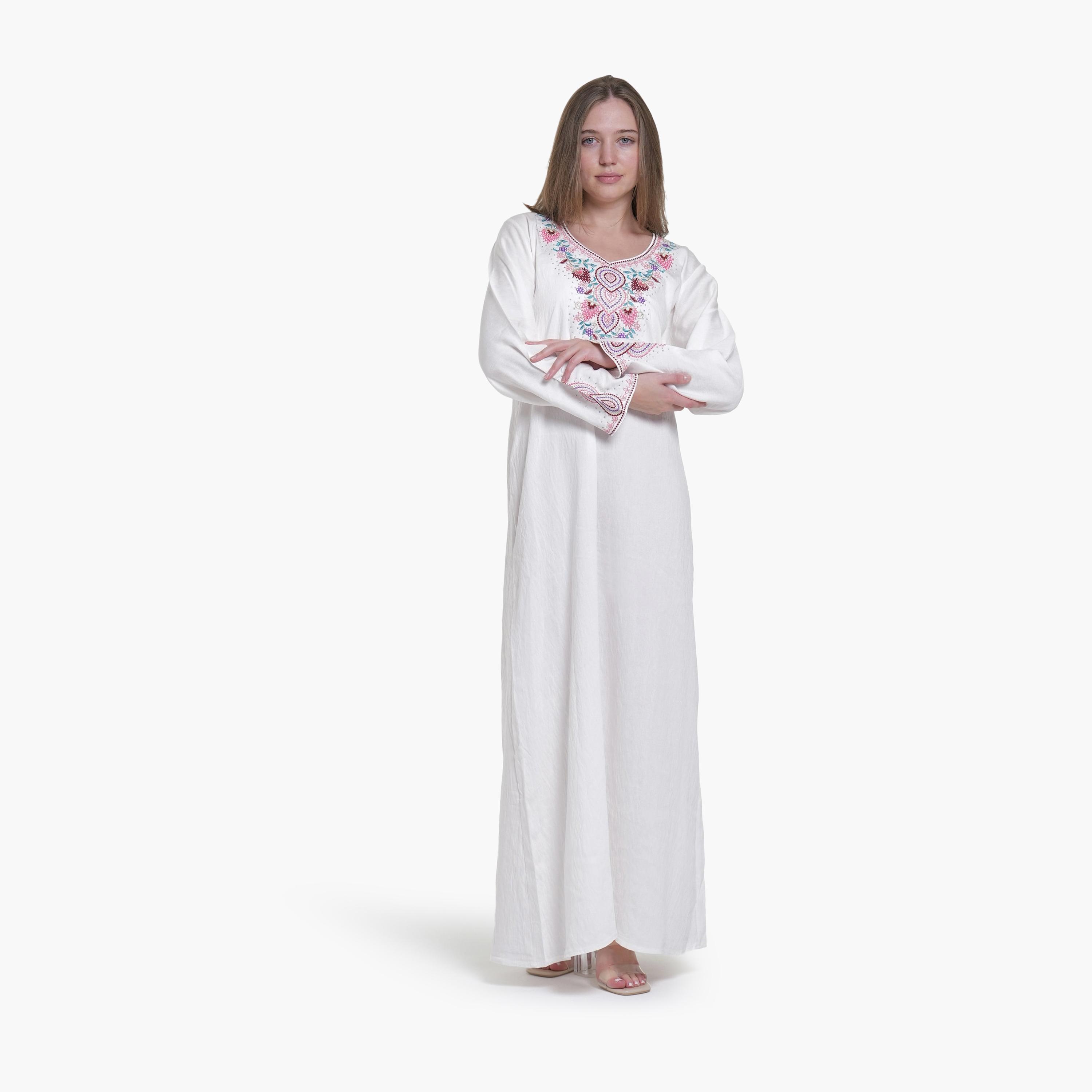 AL BENT AL SHARQIEH Embroidered Yoke Linen Women's Jalabiya-women-arabicclothing-jalabiyas-image-1