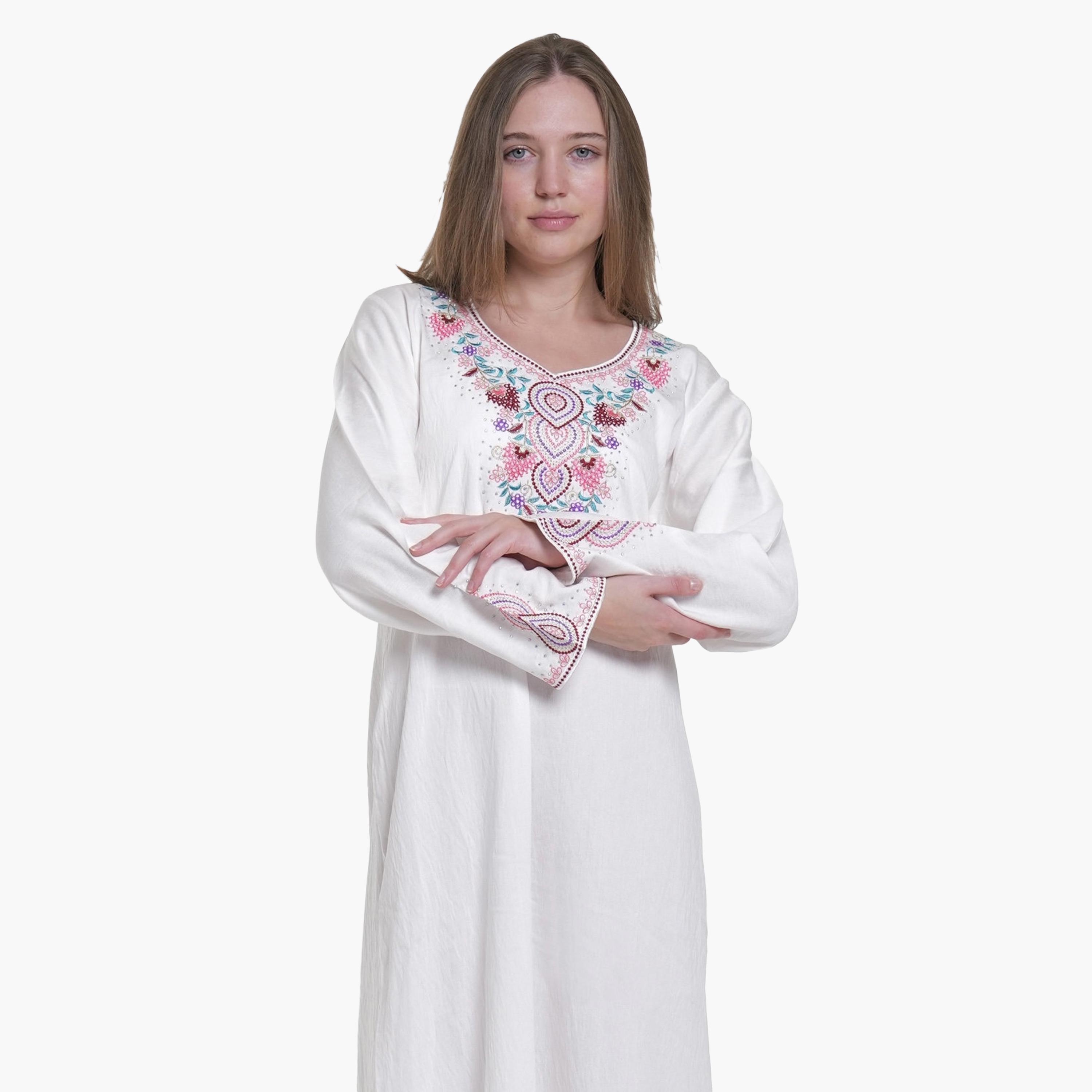 AL BENT AL SHARQIEH Embroidered Yoke Linen Women's Jalabiya-women-arabicclothing-jalabiyas-image-2