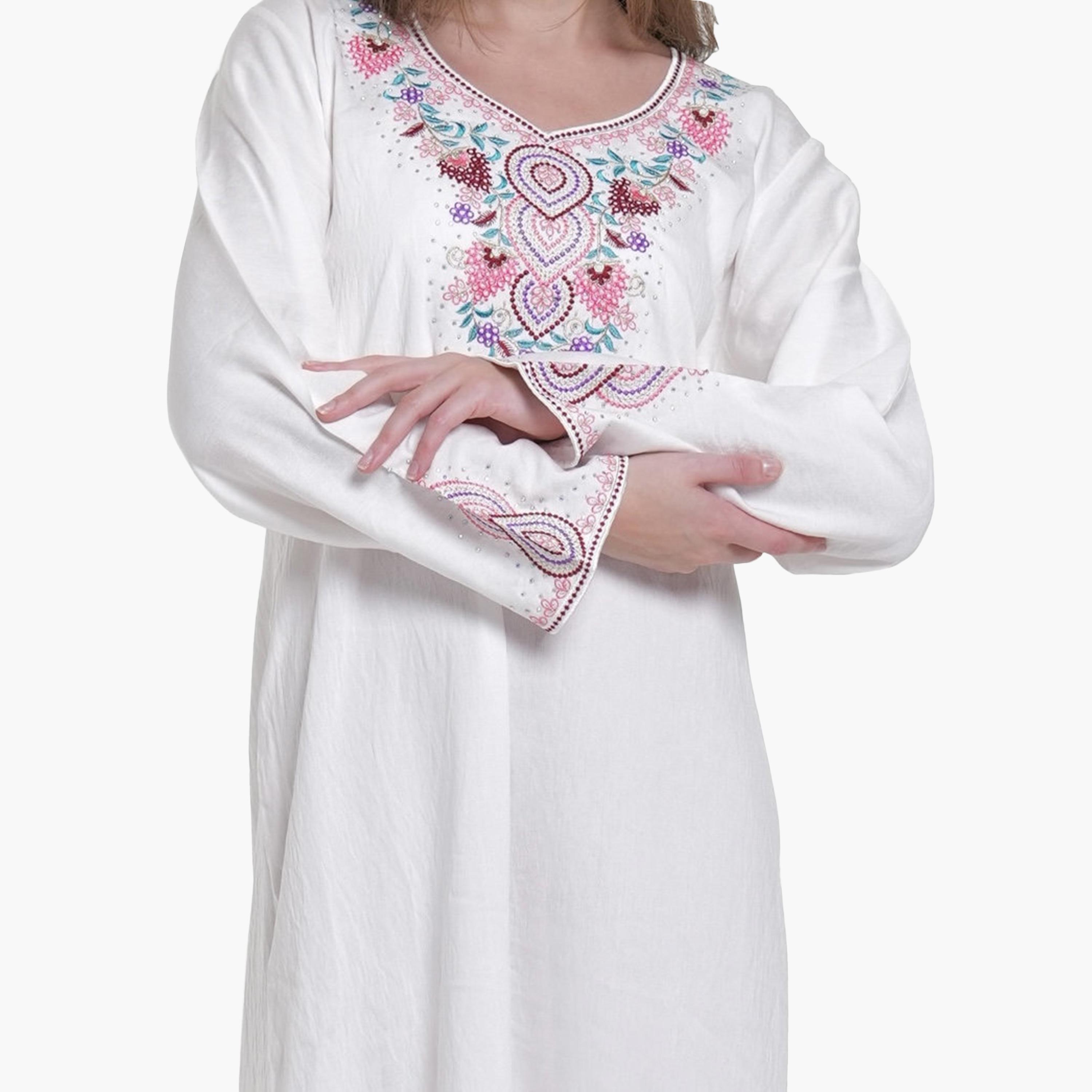 AL BENT AL SHARQIEH Embroidered Yoke Linen Women's Jalabiya-women-arabicclothing-jalabiyas-image-3