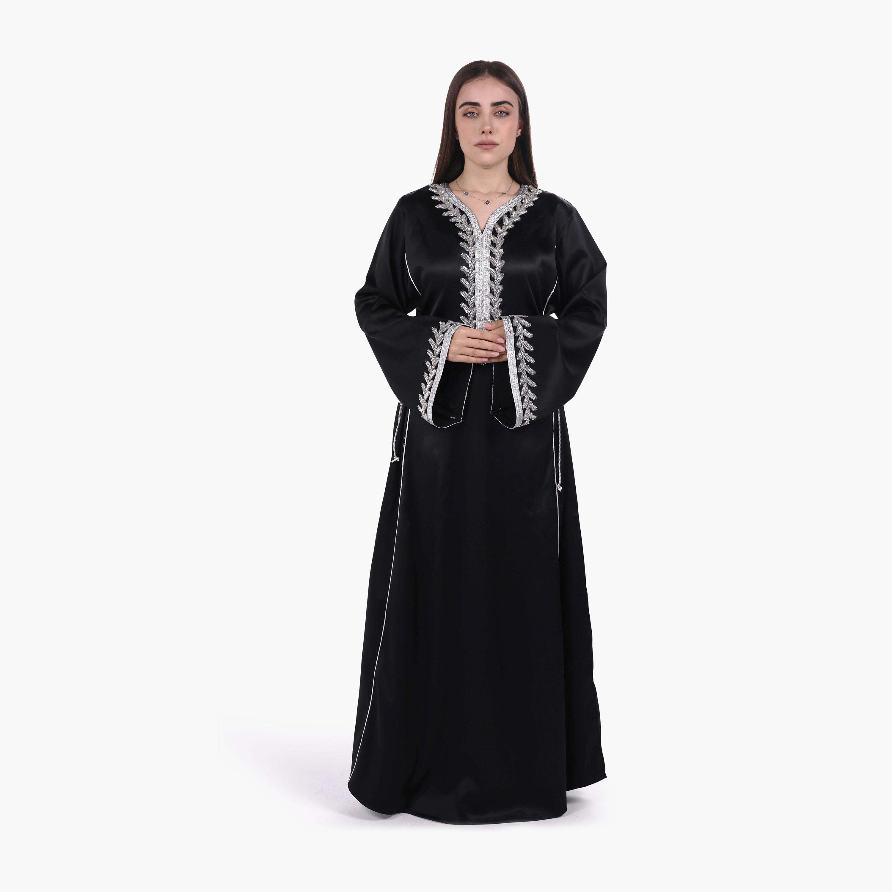 AL BENT AL SHARQIEH Beaded Yoke Flared Sleeves Satin Women's Evening Jalabiya-women-arabicclothing-jalabiyas-image-1