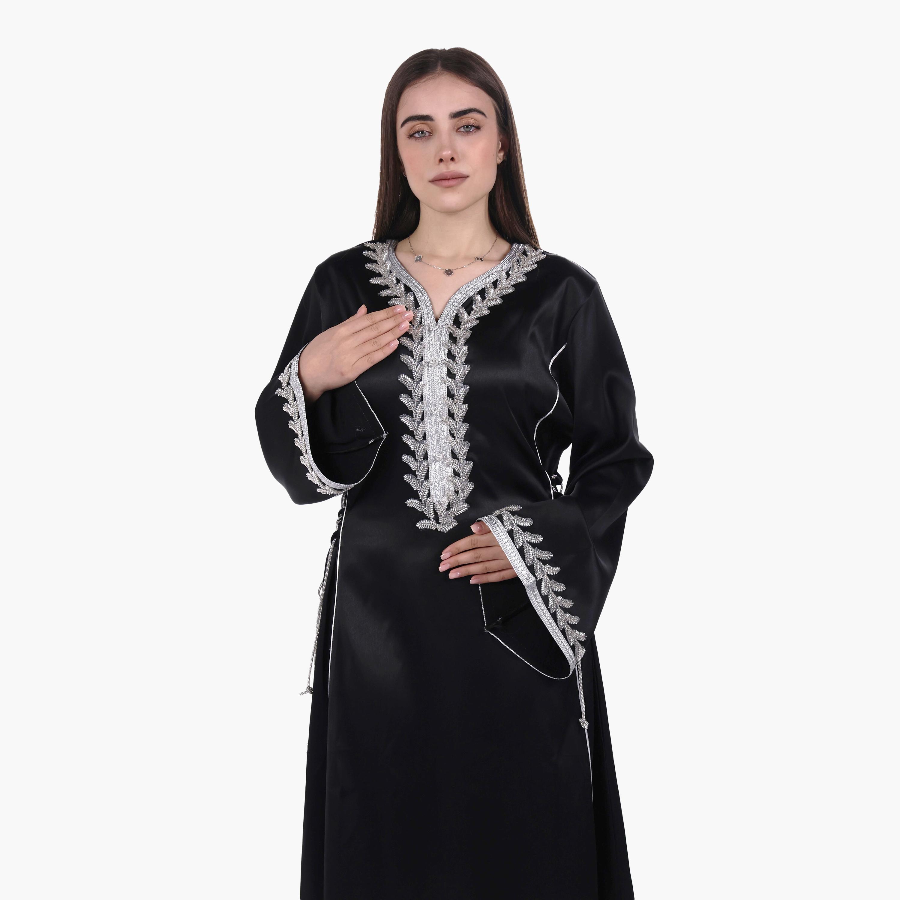 AL BENT AL SHARQIEH Beaded Yoke Flared Sleeves Satin Women's Evening Jalabiya-women-arabicclothing-jalabiyas-image-2