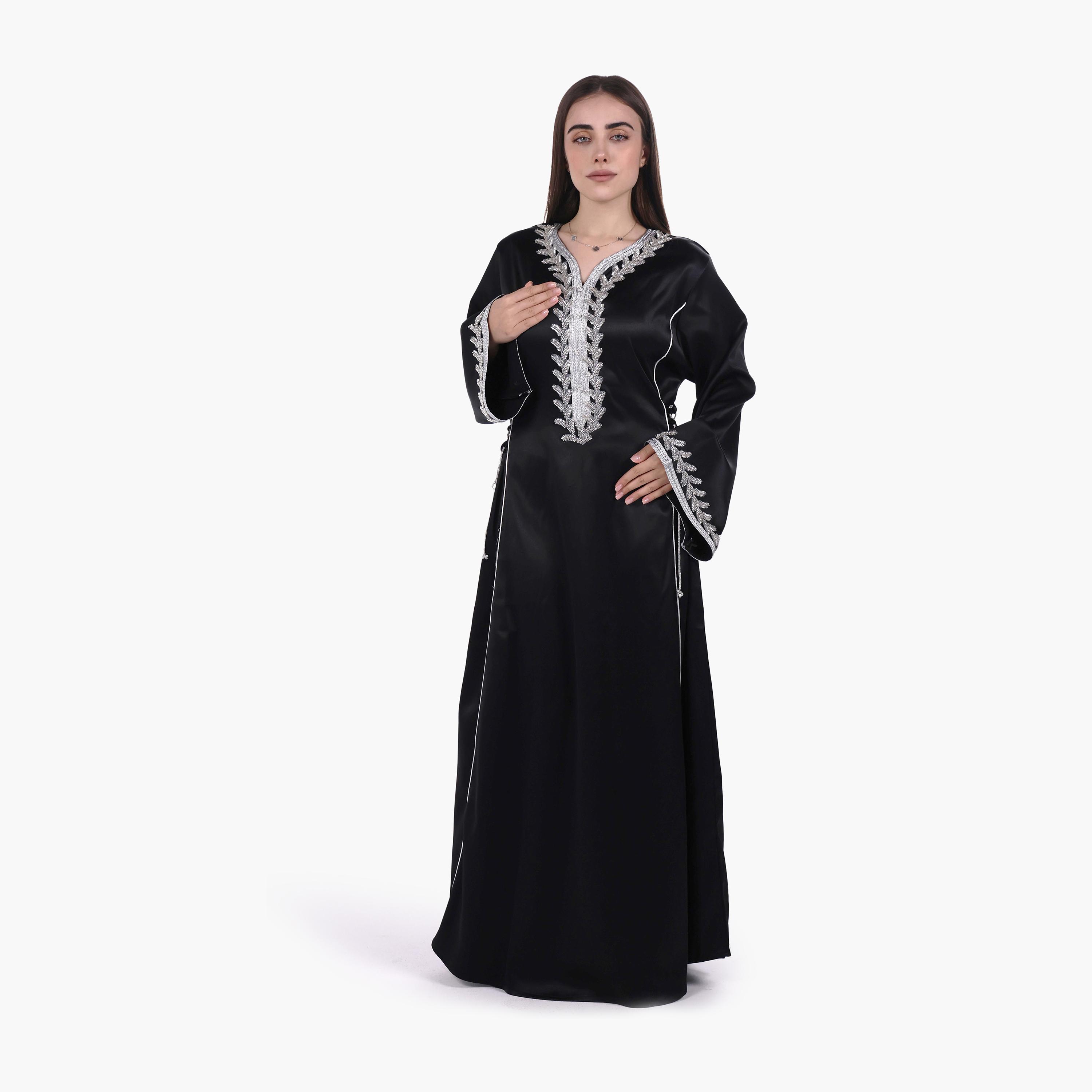 AL BENT AL SHARQIEH Beaded Yoke Flared Sleeves Satin Women's Evening Jalabiya-women-arabicclothing-jalabiyas-image-3