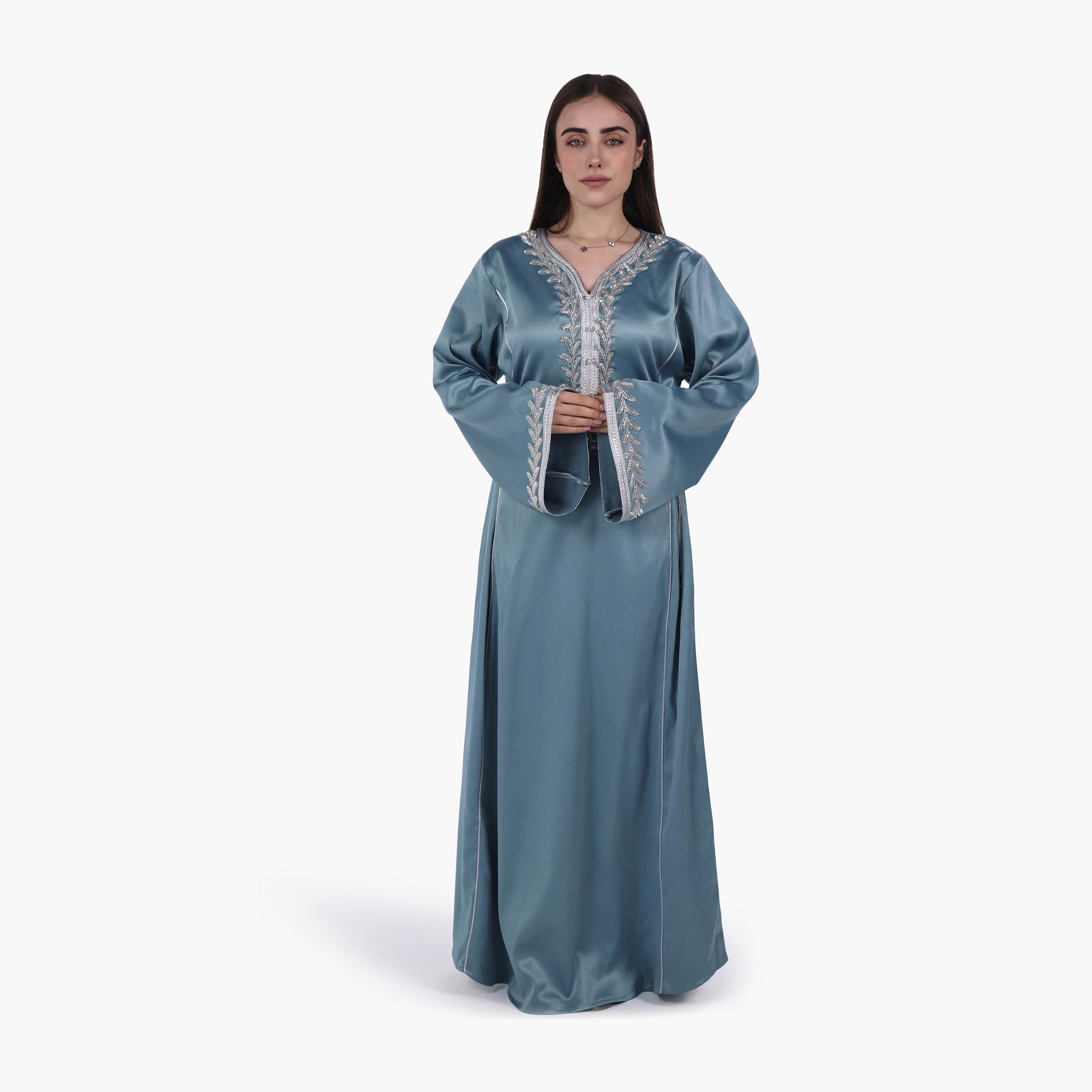 AL BENT AL SHARQIEH Beaded Yoke Flared Sleeves Satin Women's Evening Jalabiya-women-arabicclothing-jalabiyas-image-1