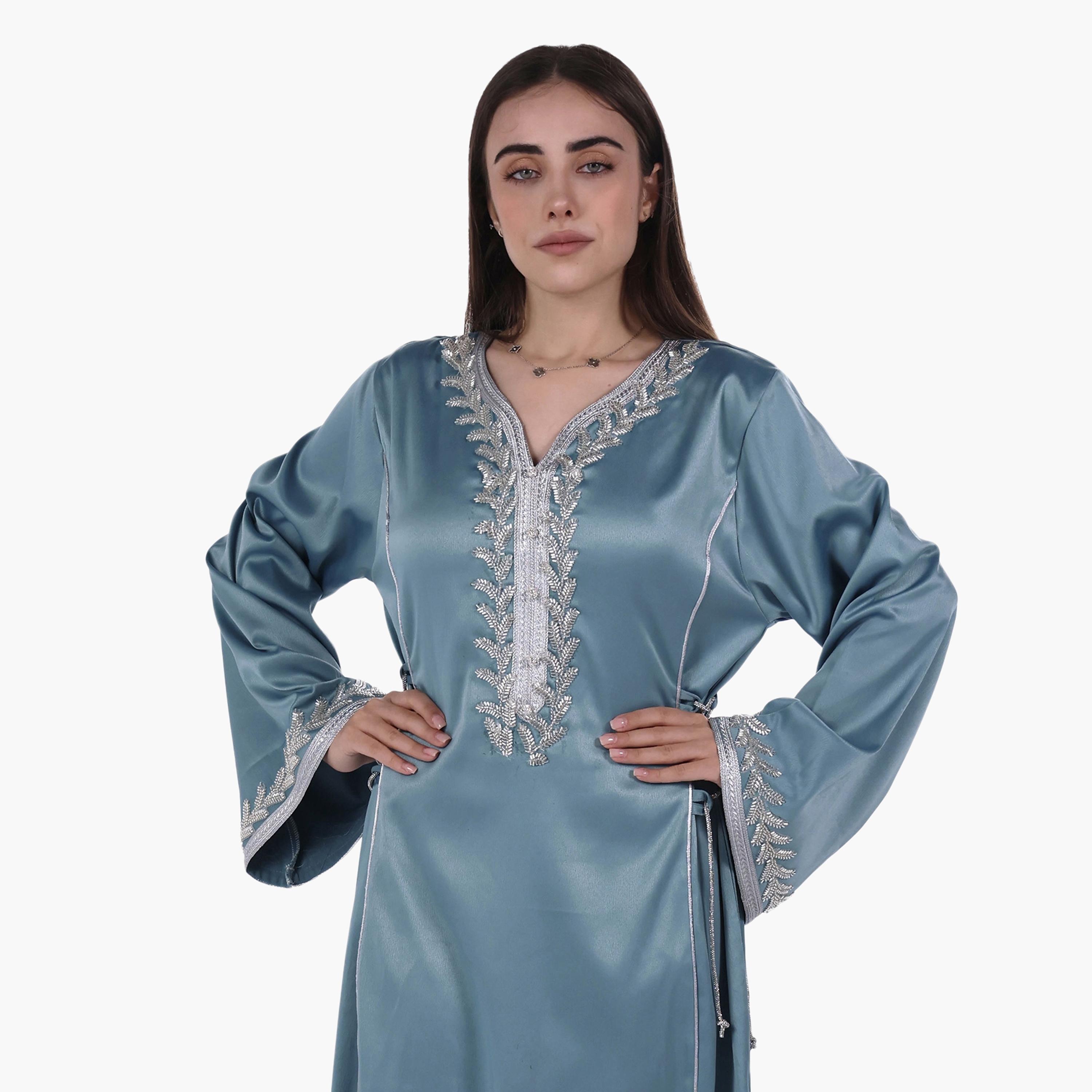 AL BENT AL SHARQIEH Beaded Yoke Flared Sleeves Satin Women's Evening Jalabiya-women-arabicclothing-jalabiyas-image-2