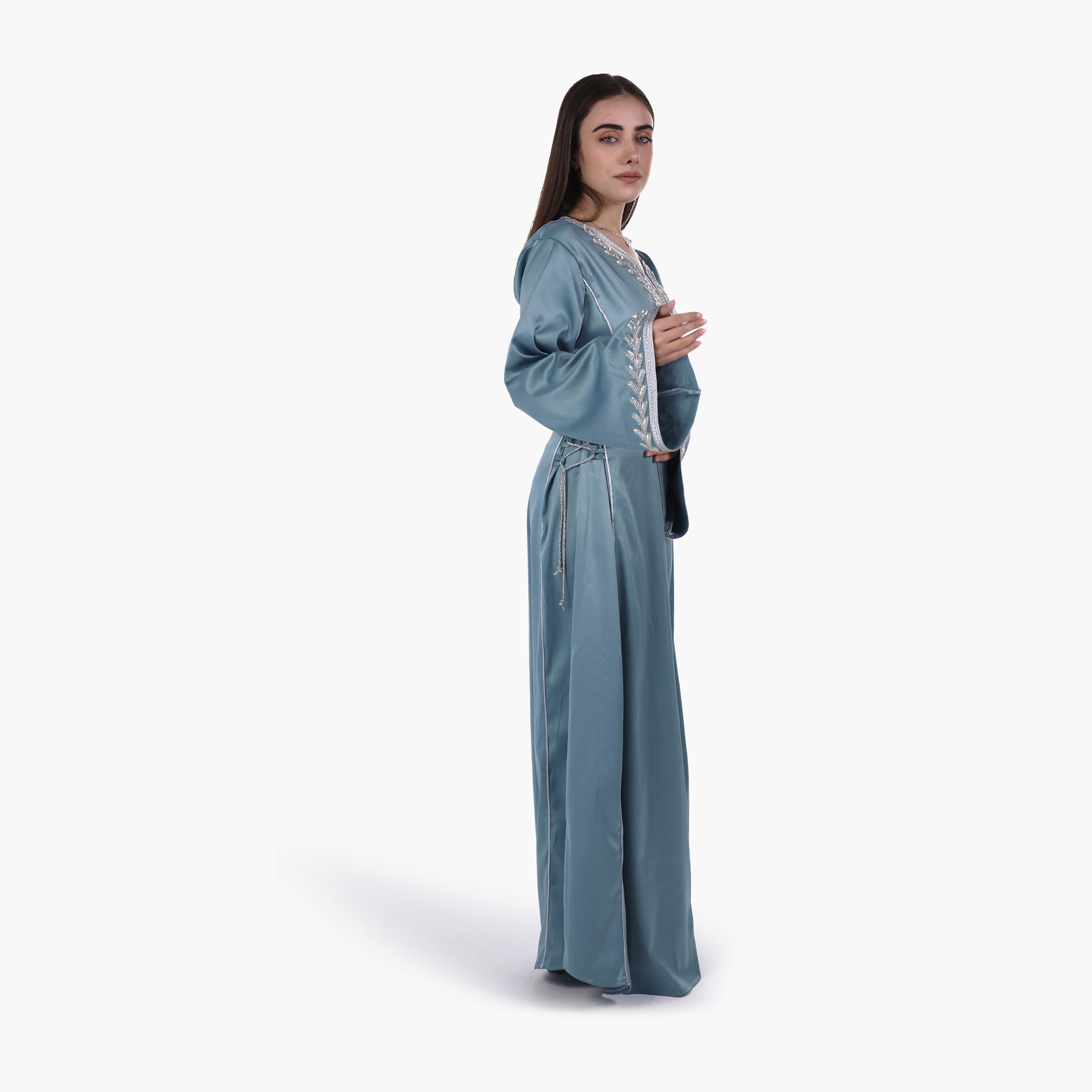 AL BENT AL SHARQIEH Beaded Yoke Flared Sleeves Satin Women's Evening Jalabiya-women-arabicclothing-jalabiyas-image-3