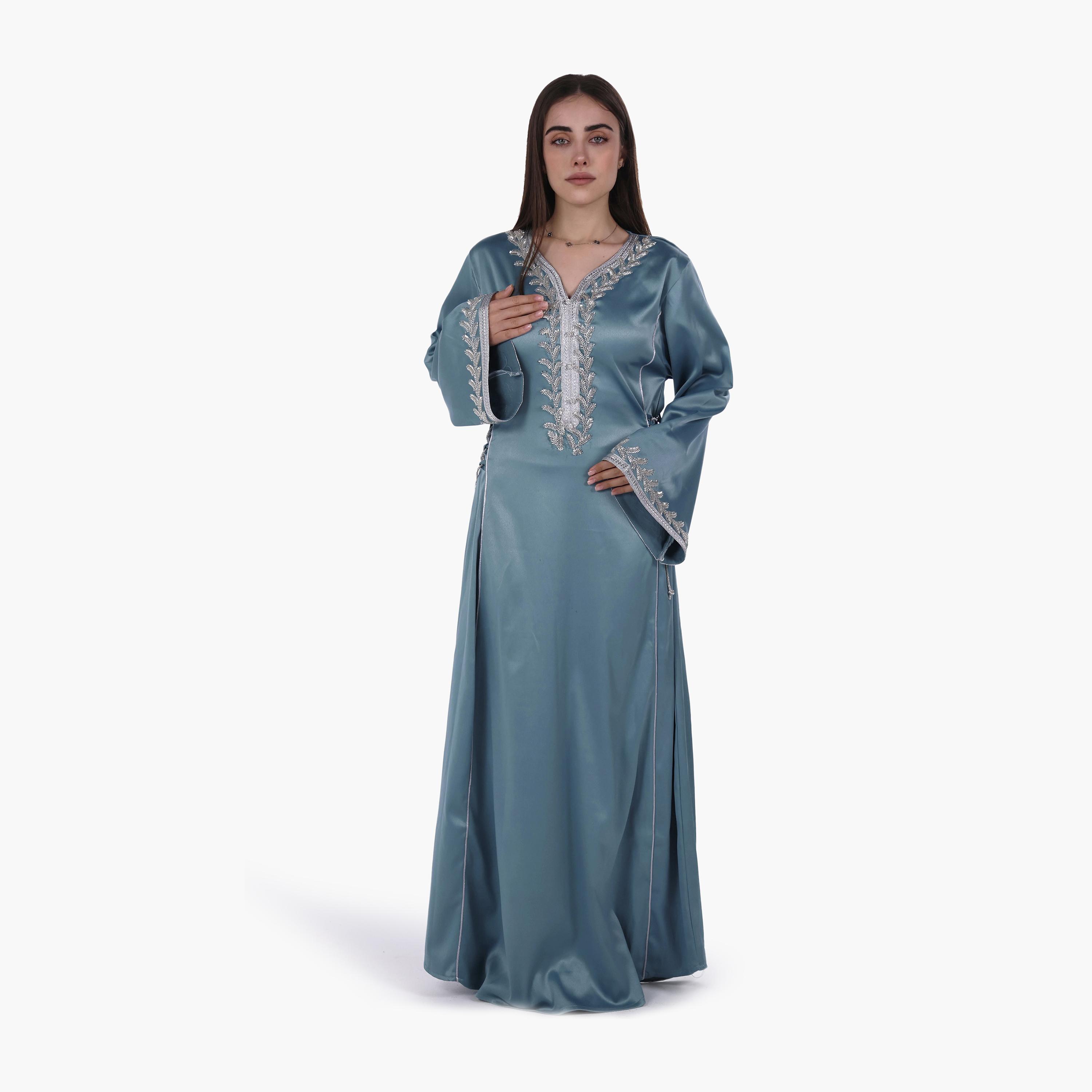 AL BENT AL SHARQIEH Beaded Yoke Flared Sleeves Satin Women's Evening Jalabiya-women-arabicclothing-jalabiyas-image-4