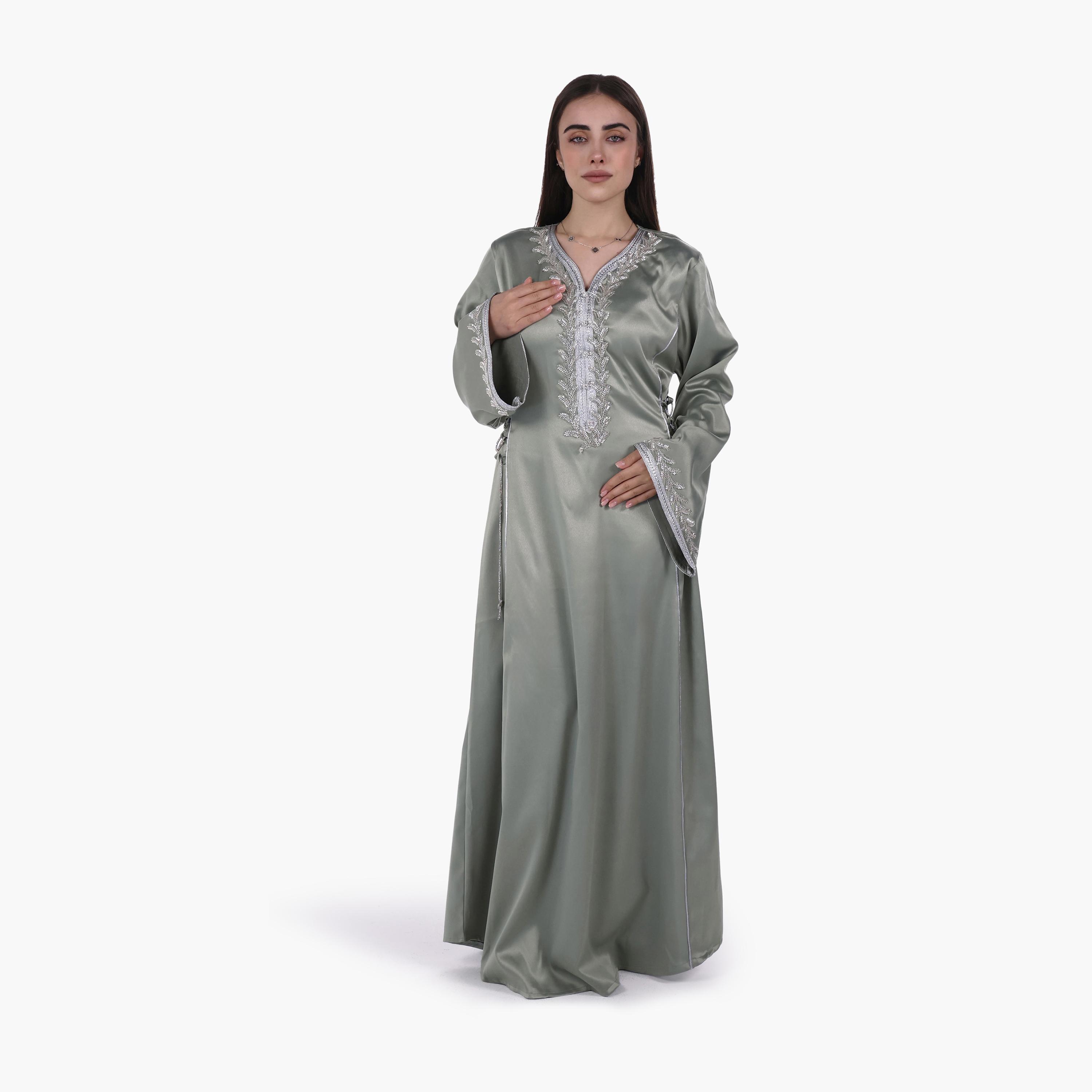 جلابية سهرة نسائية بصديرية مزينة بالخرز وأكمام واسعة قماش ساتان من البنت الشرقية-women-arabicclothing-jalabiyas-image-1