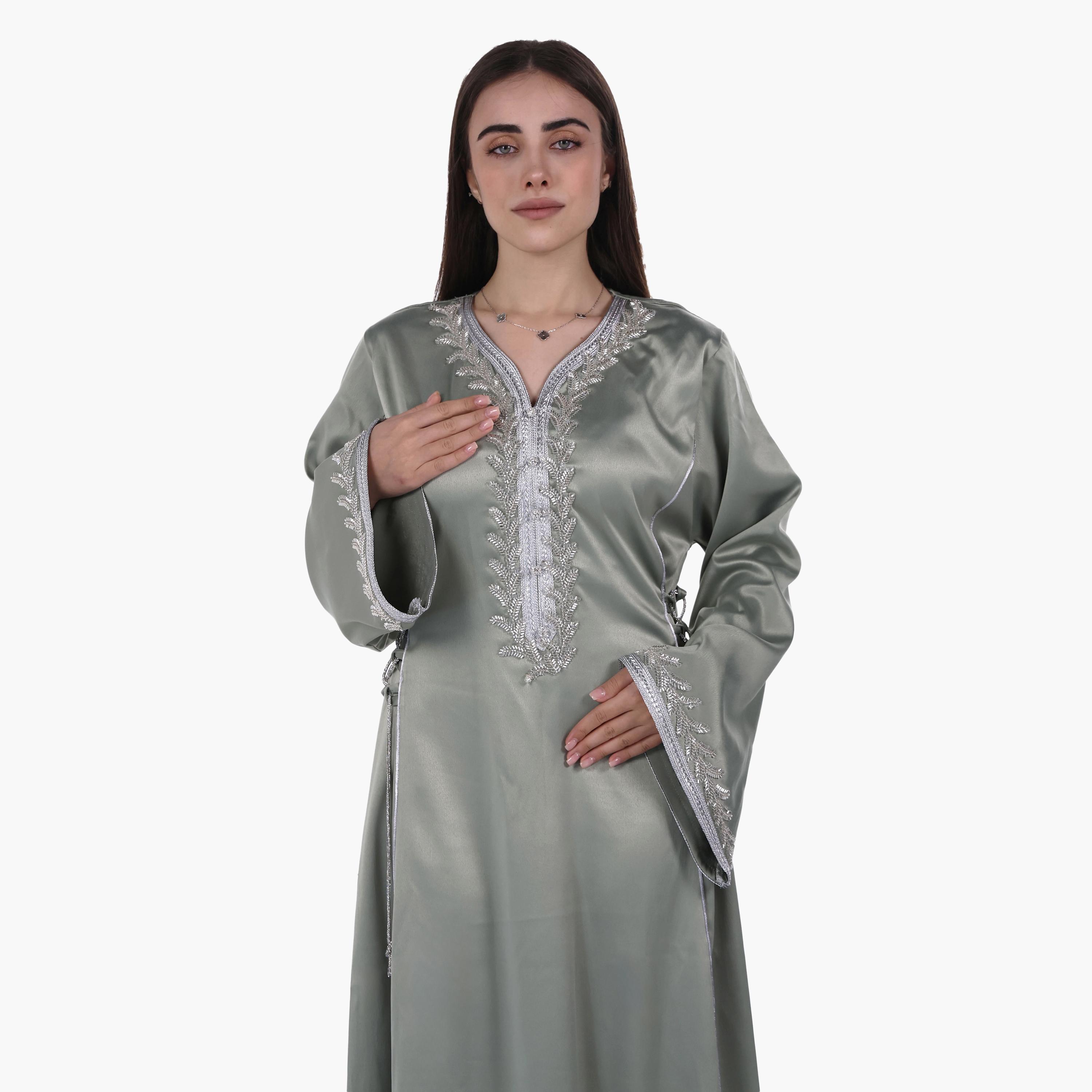 جلابية سهرة نسائية بصديرية مزينة بالخرز وأكمام واسعة قماش ساتان من البنت الشرقية-women-arabicclothing-jalabiyas-image-2