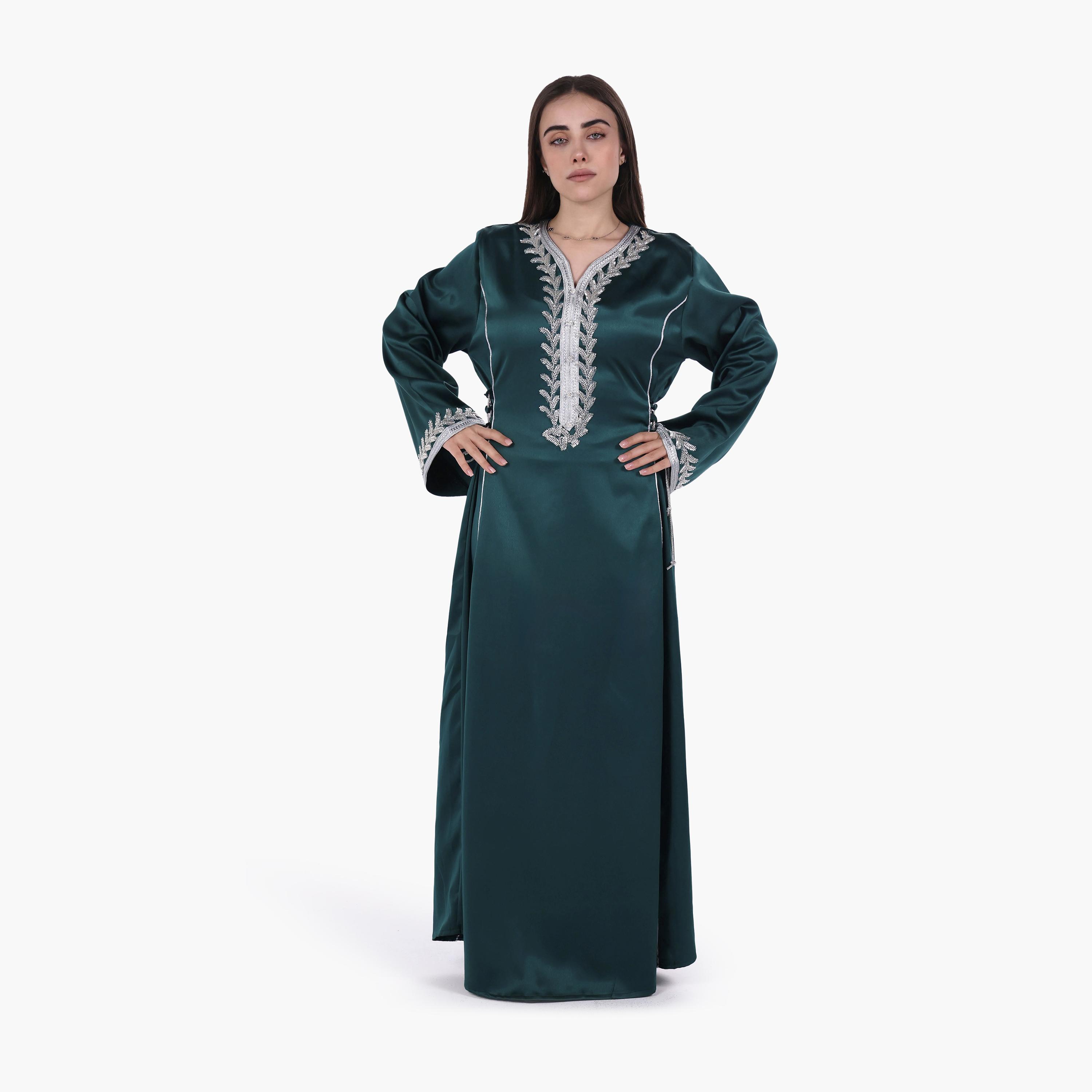 AL BENT AL SHARQIEH Beaded Yoke Flared Sleeves Satin Women's Evening Jalabiya-women-arabicclothing-jalabiyas-image-1