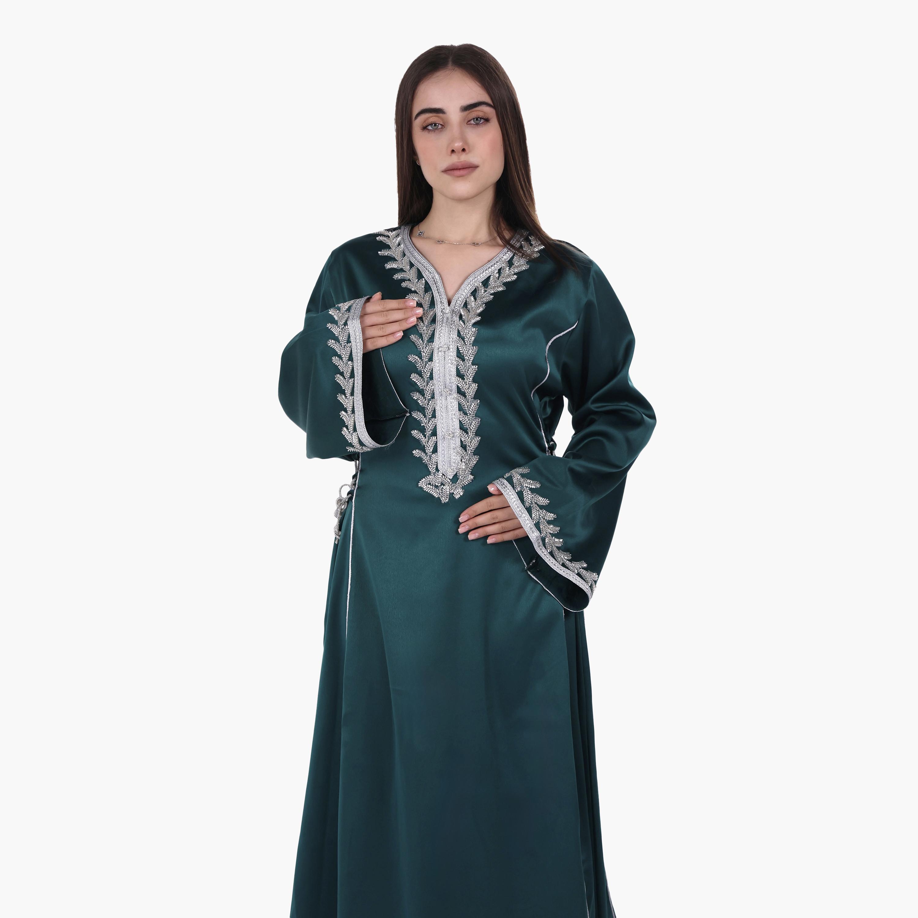 AL BENT AL SHARQIEH Beaded Yoke Flared Sleeves Satin Women's Evening Jalabiya-women-arabicclothing-jalabiyas-image-2