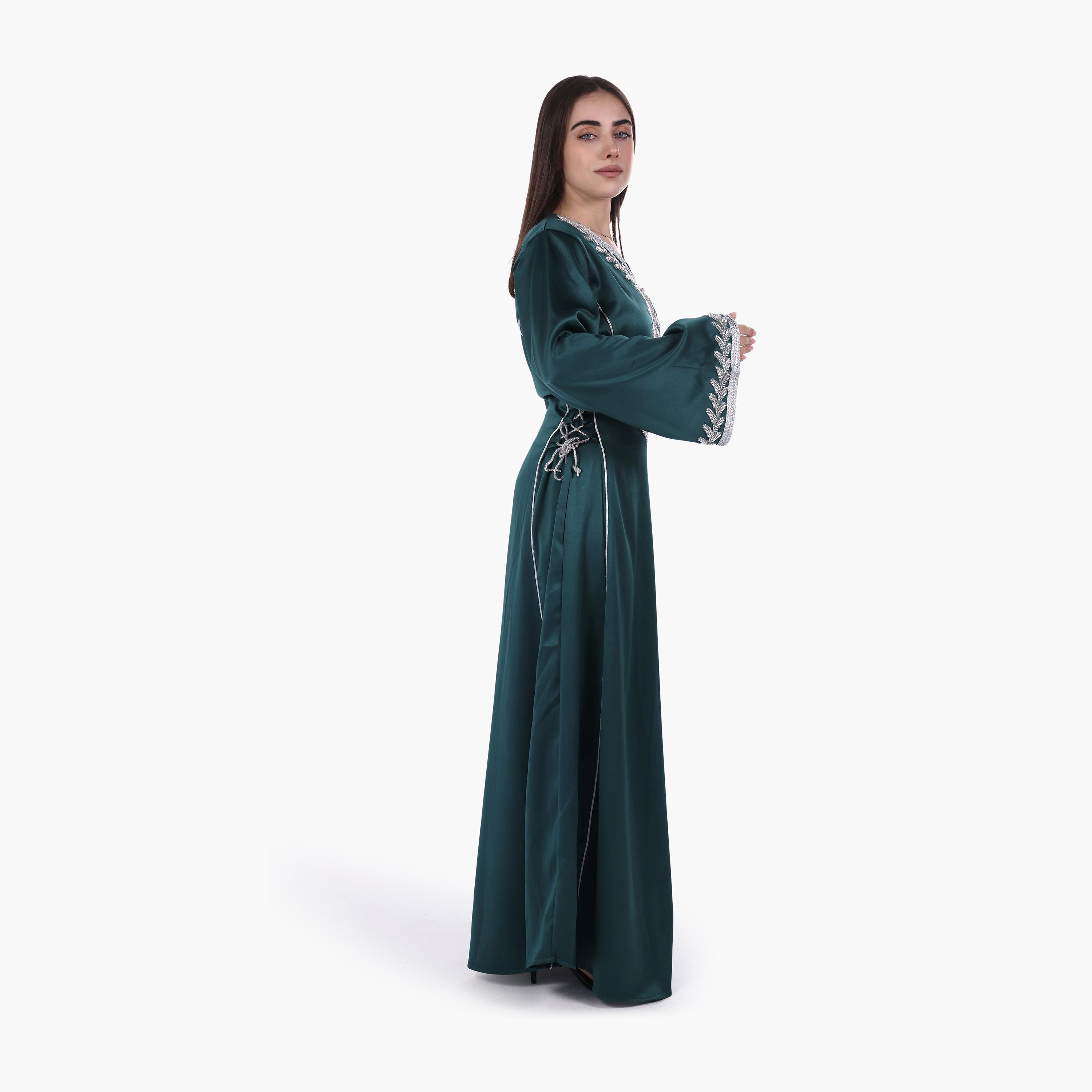 AL BENT AL SHARQIEH Beaded Yoke Flared Sleeves Satin Women's Evening Jalabiya-women-arabicclothing-jalabiyas-image-3