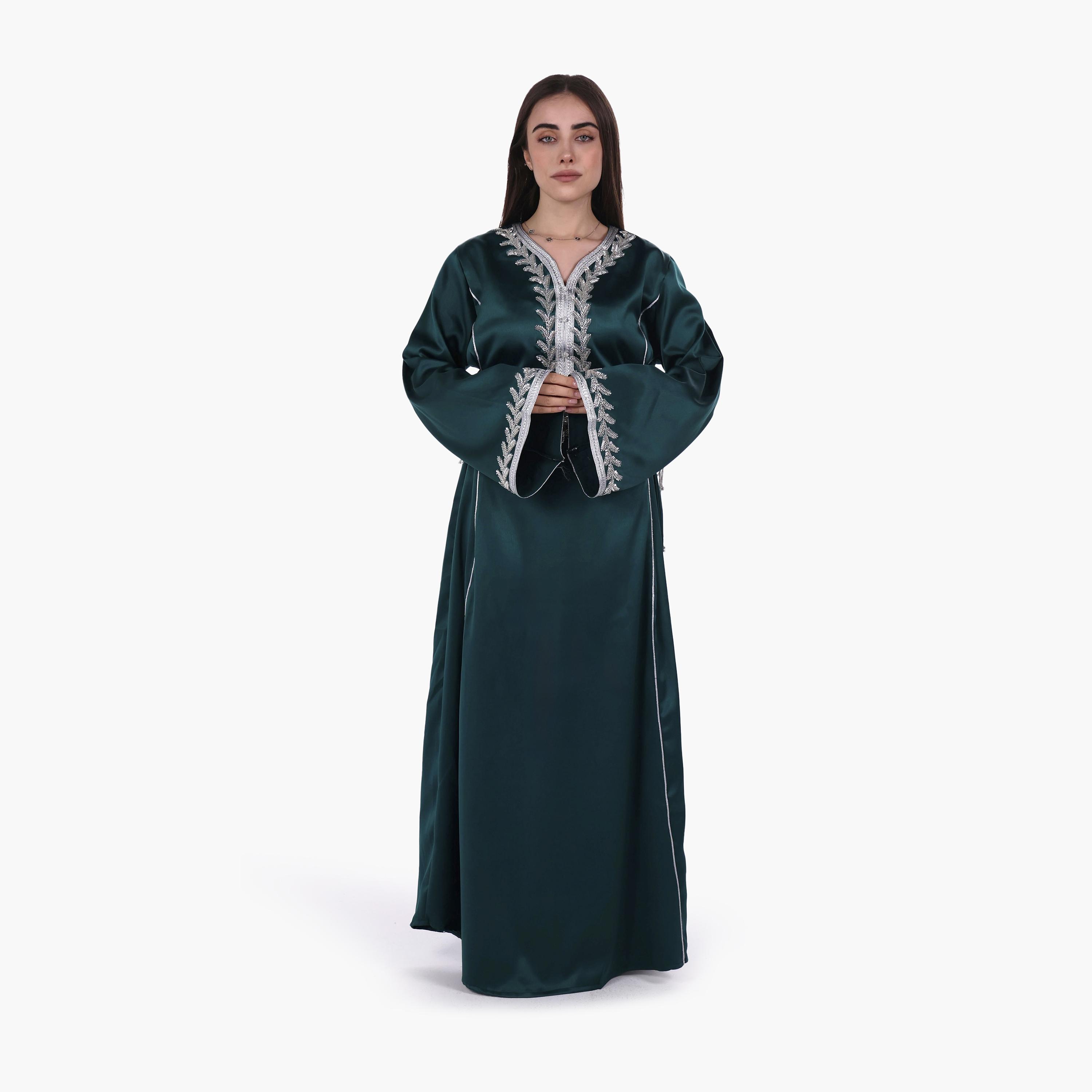 AL BENT AL SHARQIEH Beaded Yoke Flared Sleeves Satin Women's Evening Jalabiya-women-arabicclothing-jalabiyas-image-4